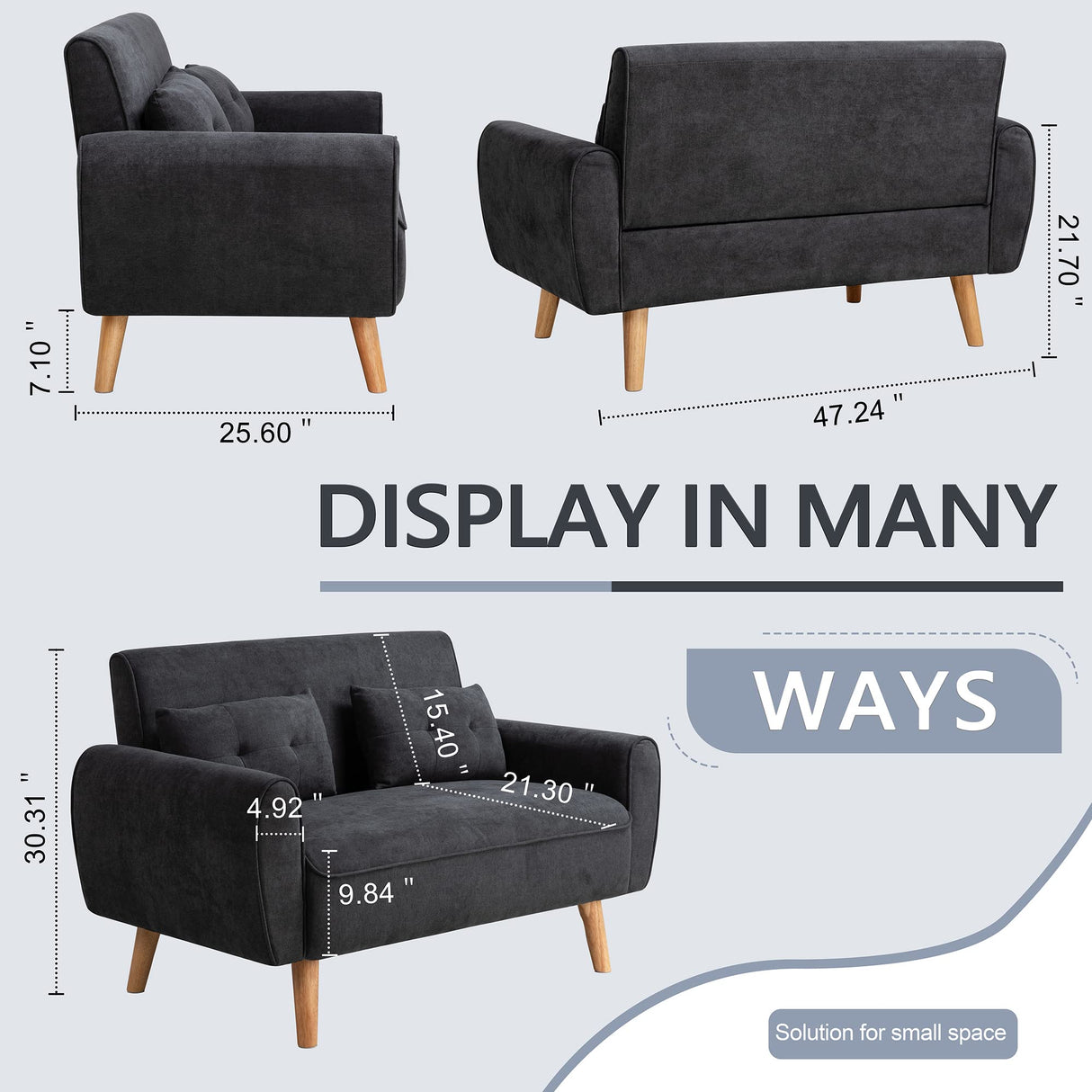 Shintenchi Small Modern Loveseat Couch Sofa, Mid Century Fabric Upholstered 2-Seat Sofa Couch Love Seats Furniture for Small Space,Living Room,Studio,Apartment with 2 Pillows,Black Shintenchi