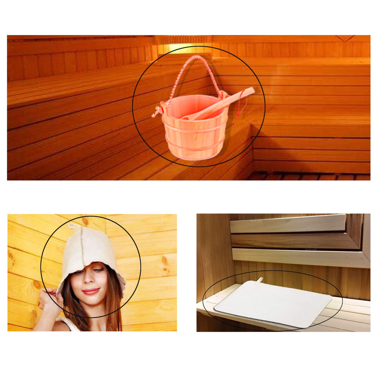 Bestnewie Sauna Bucket with Ladle Handmade Wooden Sauna Bucket Sauna Spa Accessory - 5 Liter (1.3 Gallon) Sauna Bucket with Felt Sauna Hat and Sauna Seat Pad Bestnewie