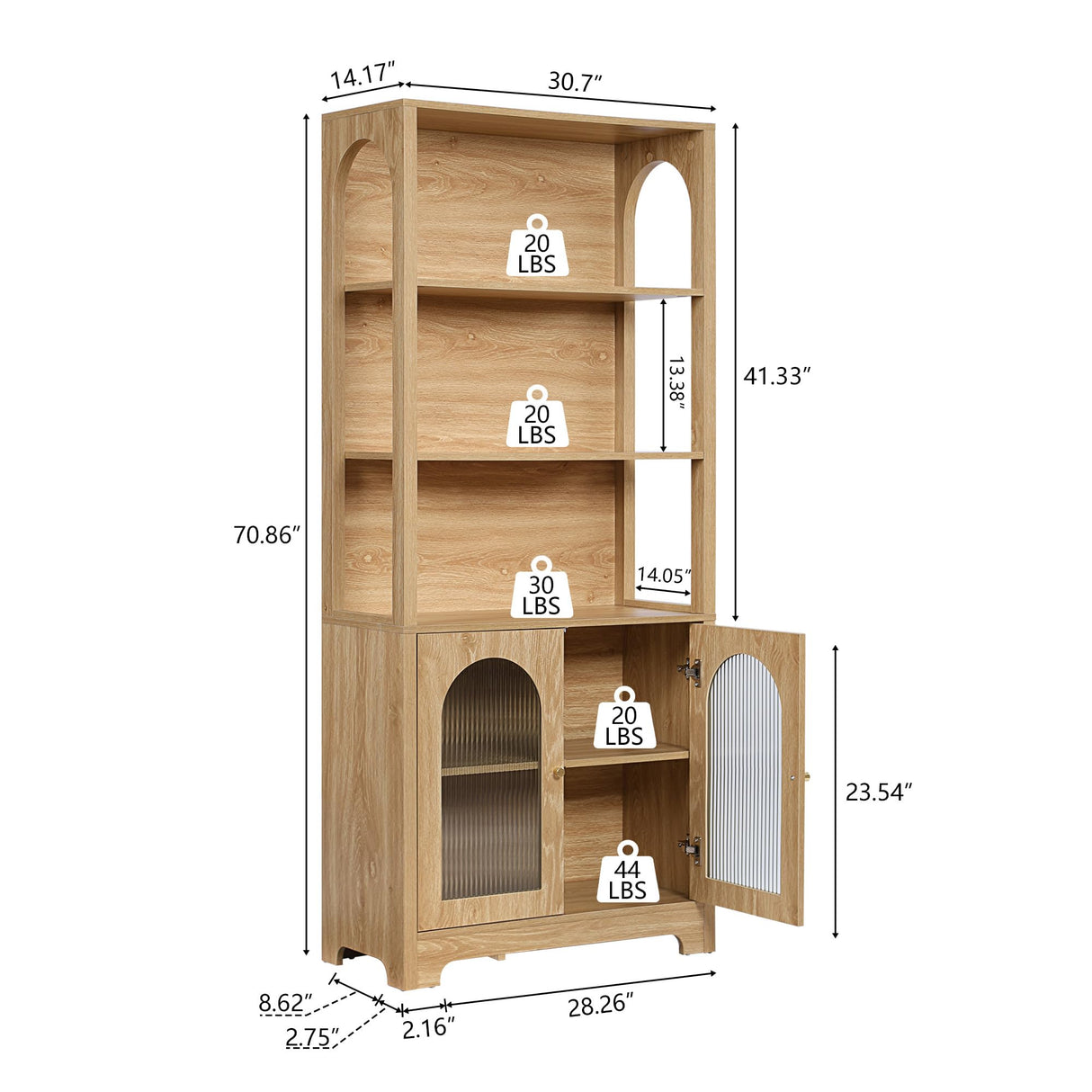RARZOE Set of 2 Bookshelves and Bookcases, 5-Tier Arched Bookshelf with Glass Doors, Floor Standing 5 Shelf Book case, Wood Display Cabinet Storage Organizer for Living Room, Bedroom, Office(Natural) RARZOE