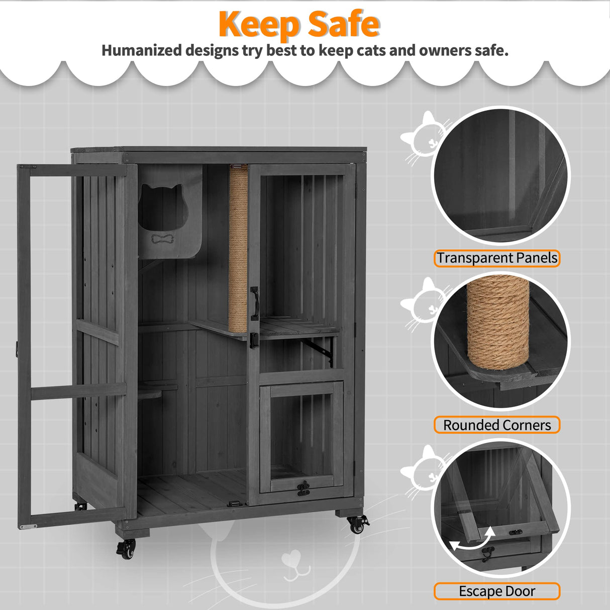 MCombo Luxury Cat House with Scratching Post, Wooden Large Cat Villa with Wheels, Multi-Feature Cat Condo with Escape Door, Cat Cages Enclosures with Shelter Indoor/Outdoor 6012-CT83 (Grey) mcombo