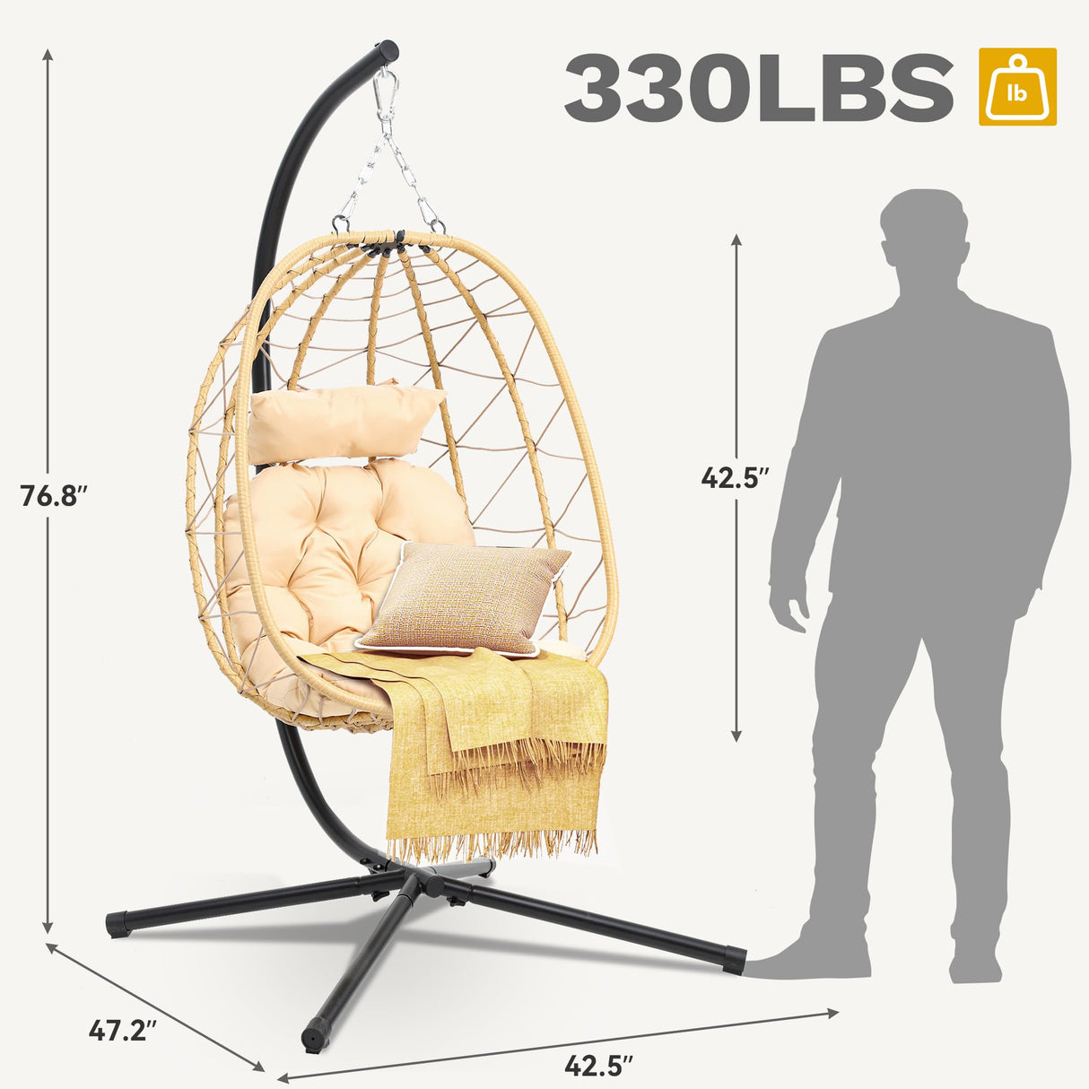 DWVO Egg Hanging Swing Chair with Stand Egg Chair Wicker Egg Chair with Cushions 330lbs for Patio, Bedroom, Garden and Balcony, Beige DWVO