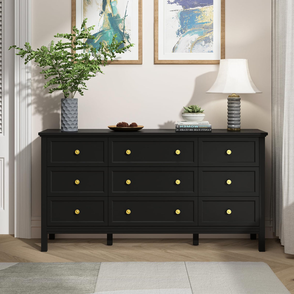 CARPETNAL Black Dresser for Bedroom, 9 Drawer Dresser with Wide Drawers and Gold Metal Handles, 59" White and Gold Dresser TV Stand, Modern Dressers & Chests of Drawers for Hallyway, Entryway. CARPETNAL