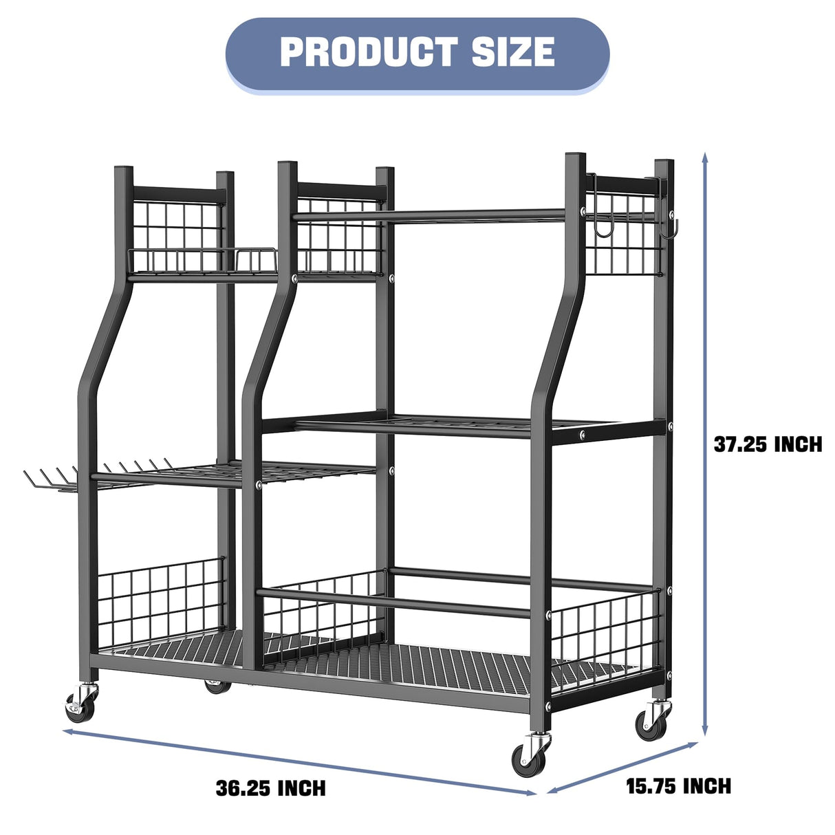 WALMANN Garden Tool Organizer with Wheels for Garage, Large Storage Capacity, Rakes/Shovels/Yard Tools Storage Stand for Shed, Garden, Indoor/Outdoor Long-Handled Tools Rolling Cart WALMANN