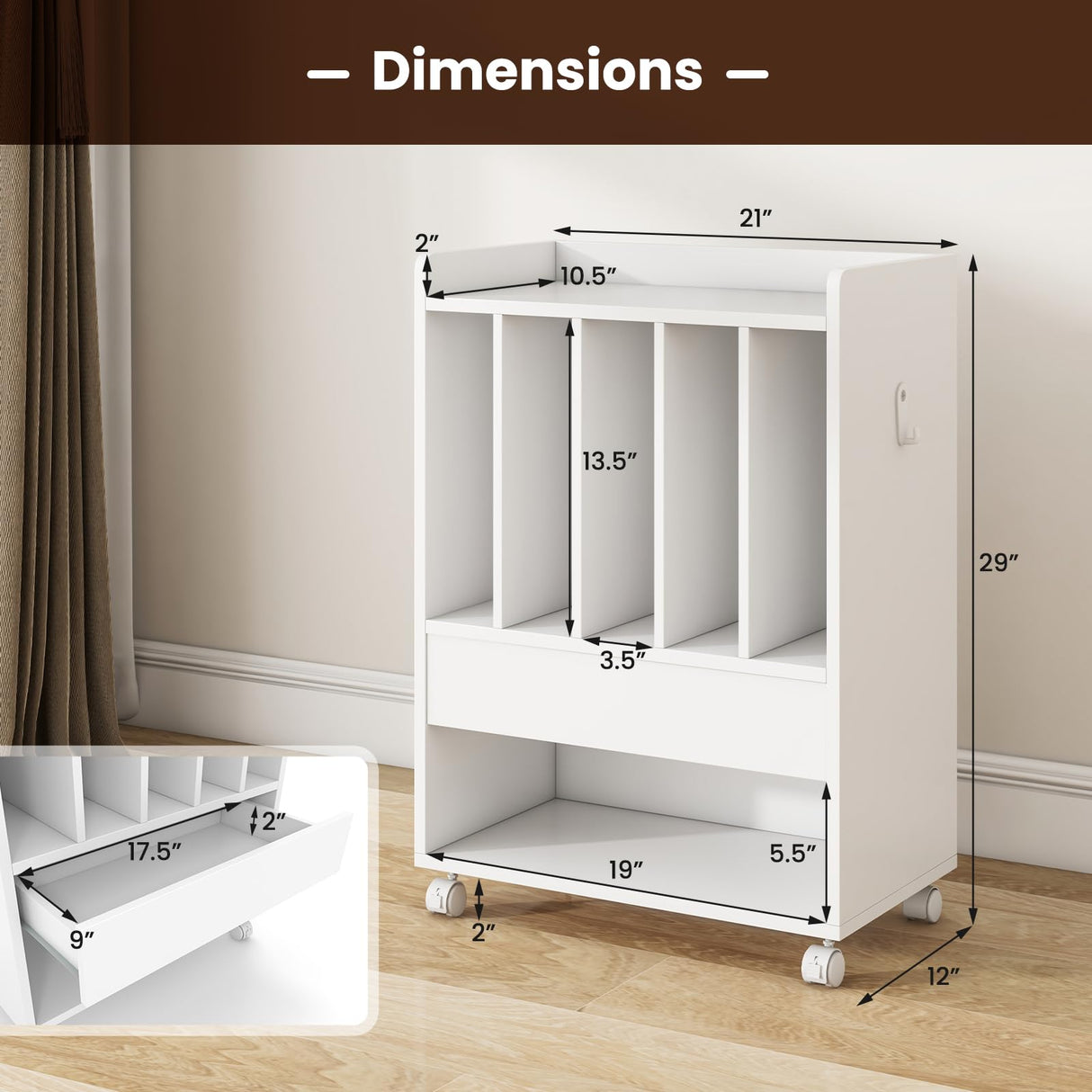 Giantex Record Player Stand, Rolling Turntable Stand with Drawer, Hook & Lockable Wheels, Vinyl Record Display Shelf Holds Up to 180 Albums, for Living Room Bedroom (White) Giantex