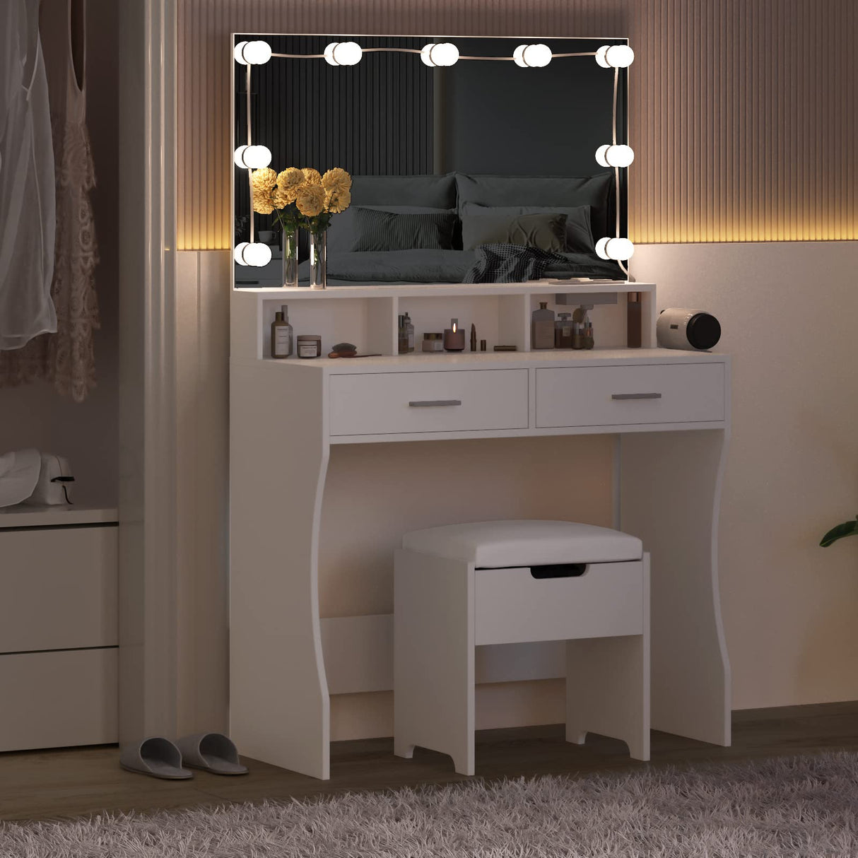 Vabches Makeup Vanity with Lighted Mirror & Power Outlet, White Vanity Set Vanity Desk, Clearance Makeup Vanity 3 Lighting Colors, Brightness Adjustable, 31.5in(W) Vabches