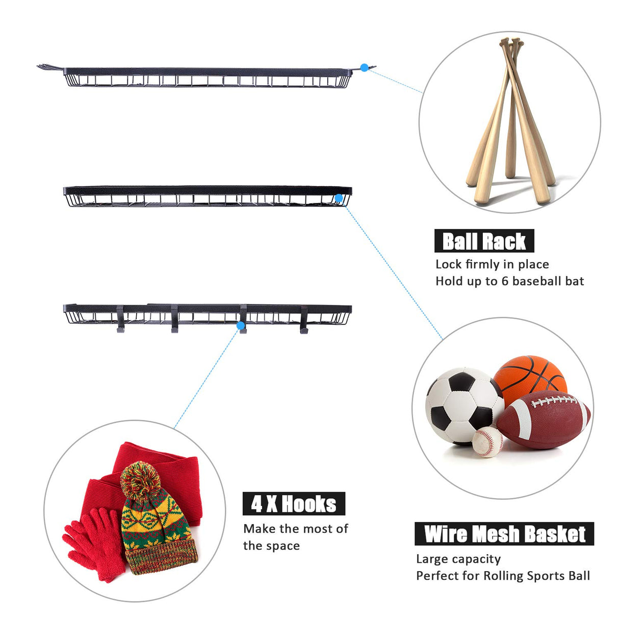 Mythinglogic Sports Equipment Storage Rack,Wall Mount Ball Storage Racks for garage, 3 Separate Ball Storage Organizer for Basketball, with Hooks Mythinglogic