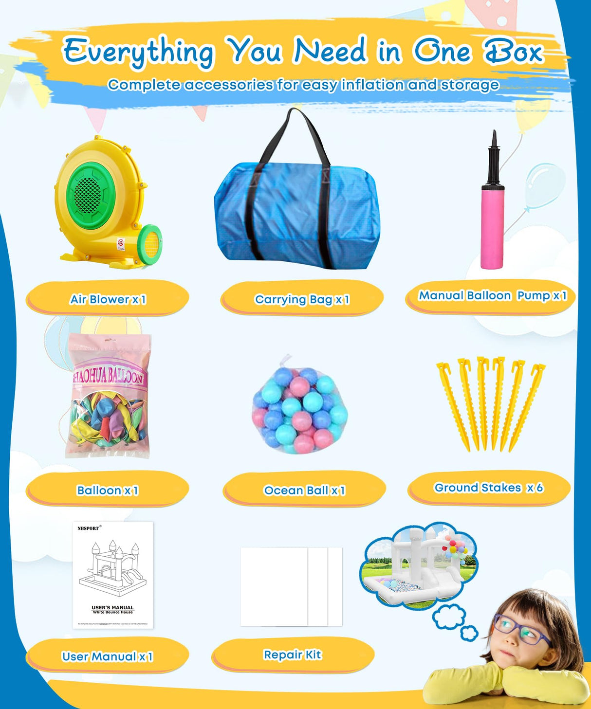 NBSPORT White Bounce House with Blower Included, 9x9x7FT Inflatable Bounce House Castle with Ball Pit and Slide,Small Jumper Bouncy Castle, Fun for Kids Birthday Party NBSPORT