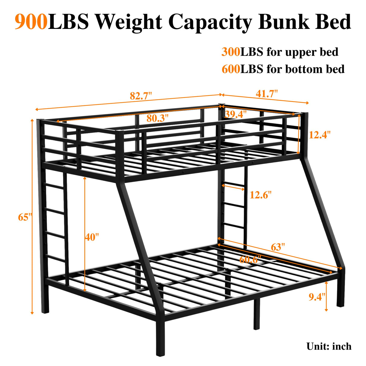 Bellemave Metal Bunk Bed Twin XL Over Queen with Ladder & Full-Length Guardrails, Heavy Duty Bunk Bed Frame with Sturdy Slats, Twin XL Over Queen Bunk Beds, Noise Free, No Box Spring Needed, Black Bellemave