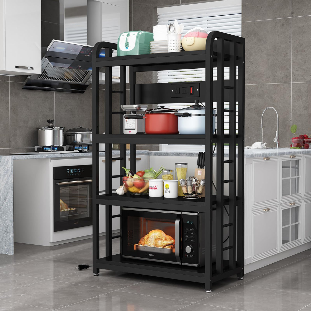 Bakers Rack with Power Outlet ,microwave stand 4-Tier Kitchen Baker's Rack, Free Standing Baker's Rack Kitchen Stands with Storage Suitable for Kitchen, Living Room, Dinning Room,Coffee Bar (Black) SIREDEEP