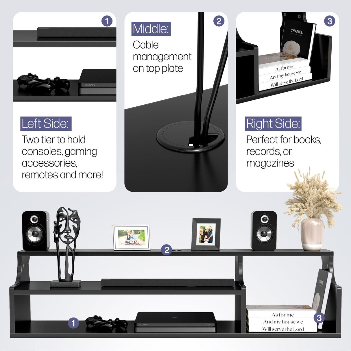 DIZAII Floating TV Stand, 3 Tier Floating Entertainment Center, 43" Floating TV Stand Wall Mounted, Floating TV Shelf, Black Under TV Cabinet, Floating Shelf for Under TV DIZAII