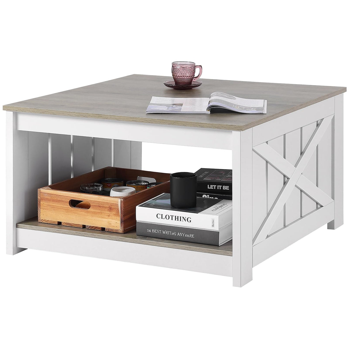 VEVOR 31.5" Farmhouse Coffee Table, Square Coffee Table with Open Storage Compartment, Wooden Rustic Cocktail Table for Living Room, Bedroom, Apartment, Studio, Grey & White VEVOR