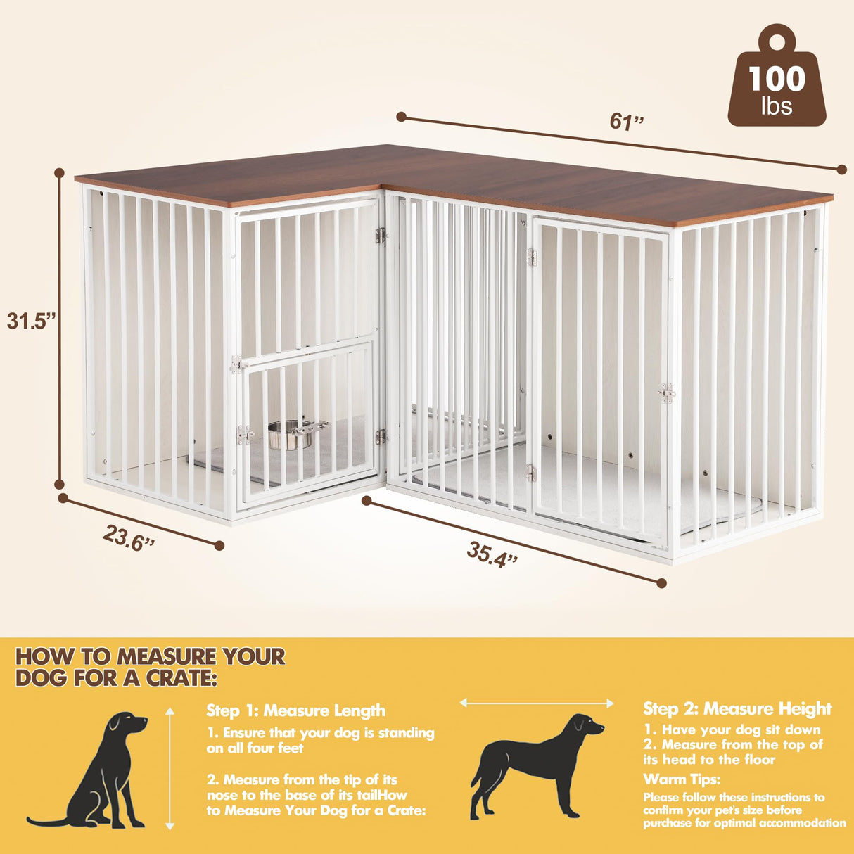 FKLUG Dog Crate Furniture for 2 Dogs, Corner Heavy Duty Double Dog Kennel Furniture with Divider, Indoor Wooden Dogs Crate Large Breed (White) FKLUG