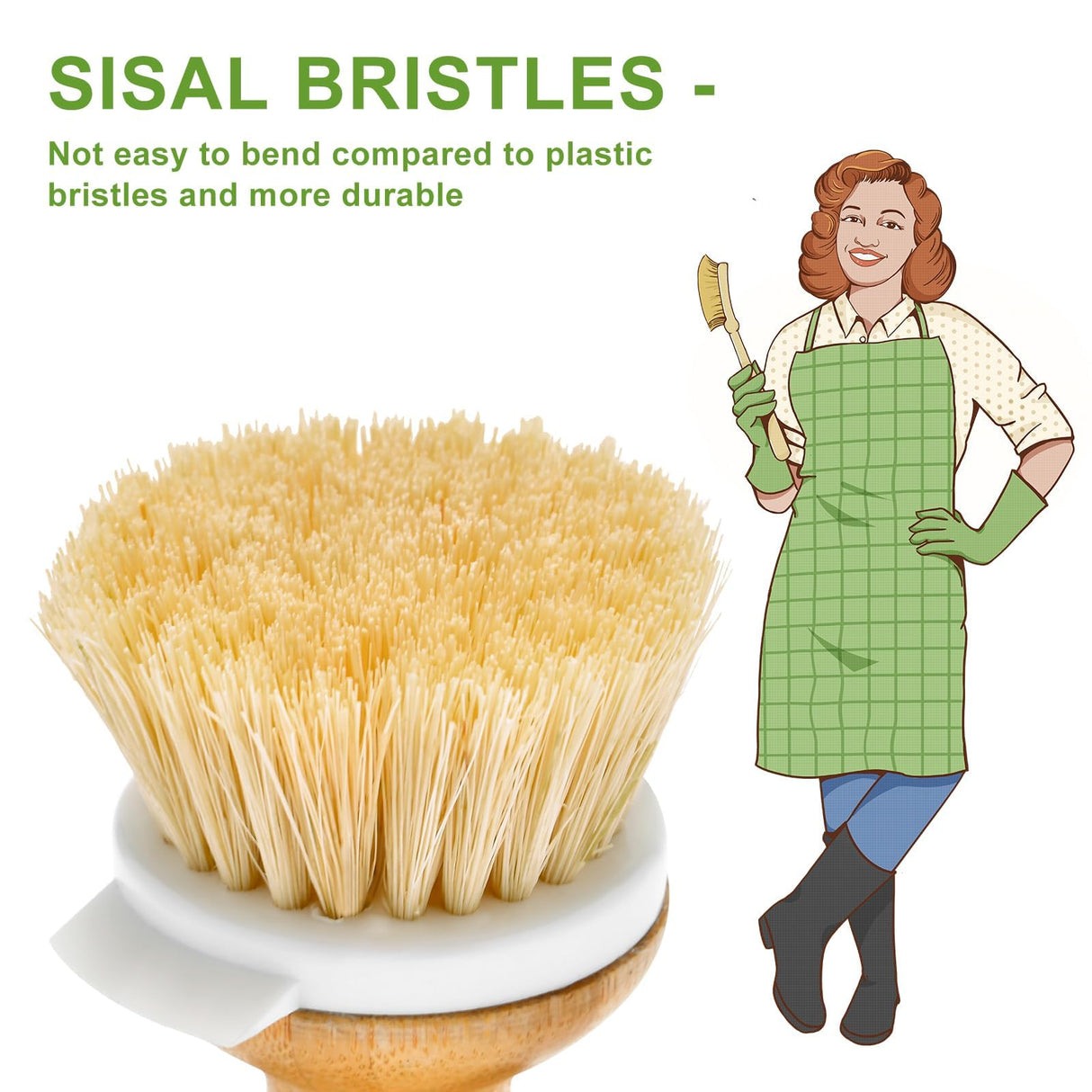 SUBEKYU Bamboo Dish Brush, Kitchen Dish Scrubber Brush, Natural Wooden Dishwashing Brush for Cleaning Dishes/Pans/Pots, Built-in Scraper, Sisal Bristles,1 Set SUBEKYU