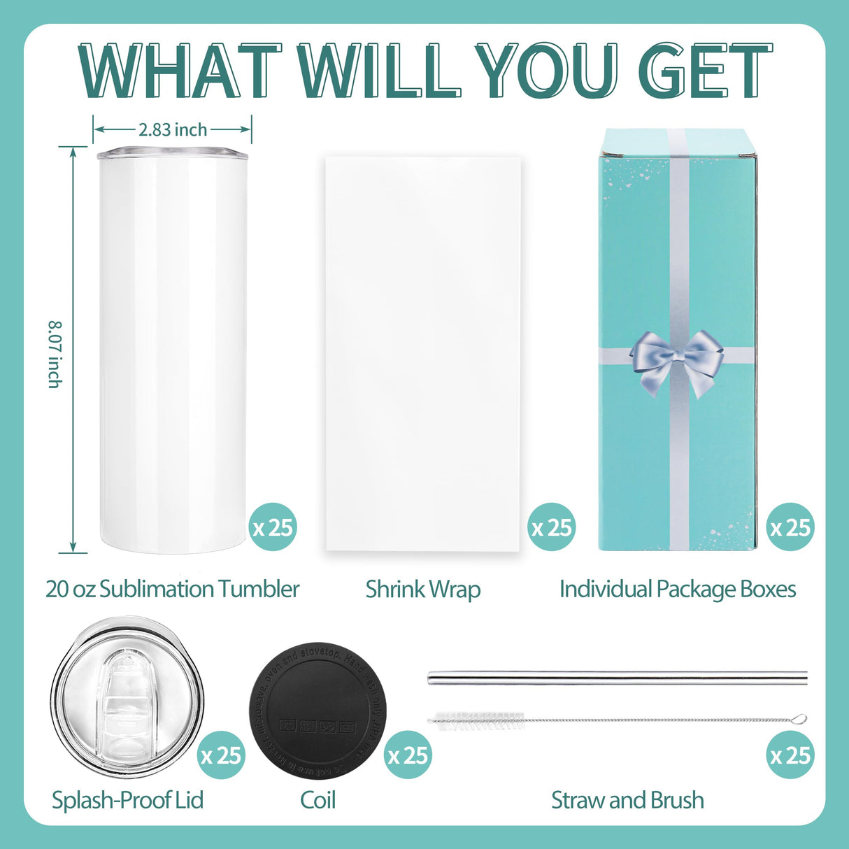 D·S 25 Pack Sublimation Tumblers Bulk 20 oz Skinny Straight Flat Bottom Blank Tumbler Cups with Individual Gift Boxed for Heat Transfer DIY Craft D·S