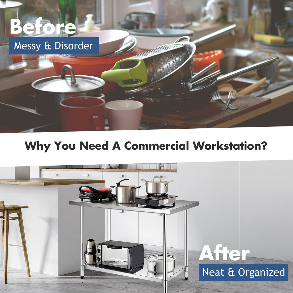 Waterjoy 48" x 30" Stainless Steel Table with Adjustable Shelf for Prep & Workstations Commercial Heavy Duty worktables WATERJOY