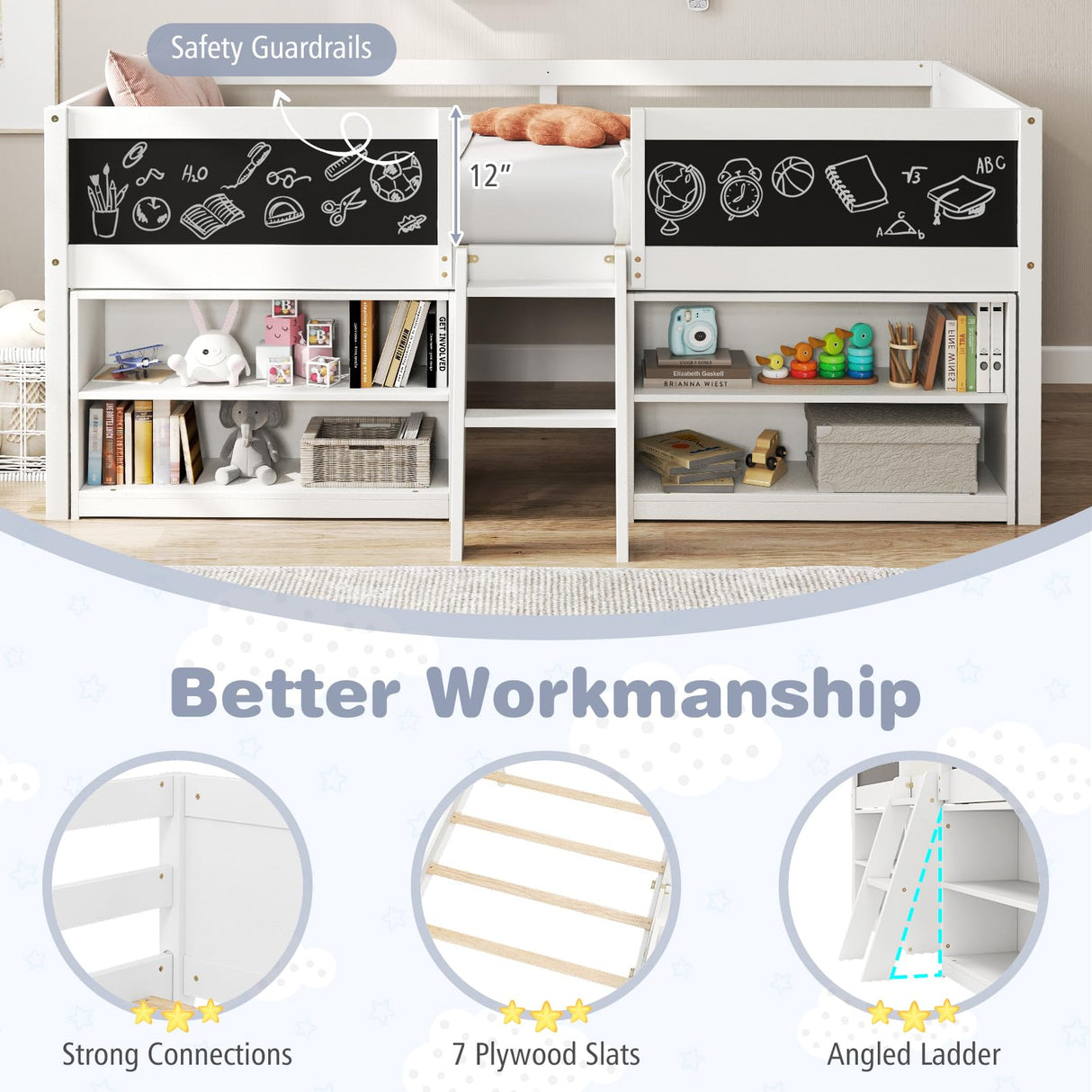 Giantex Low Loft Bed Twin Size, Wooden Loft Bed with Ladder & Blackboard, Twin Bed Frames for Kids with Storage 2 Bookcases and Under-Bed Play Space, Kids Twin Bed (White) Giantex