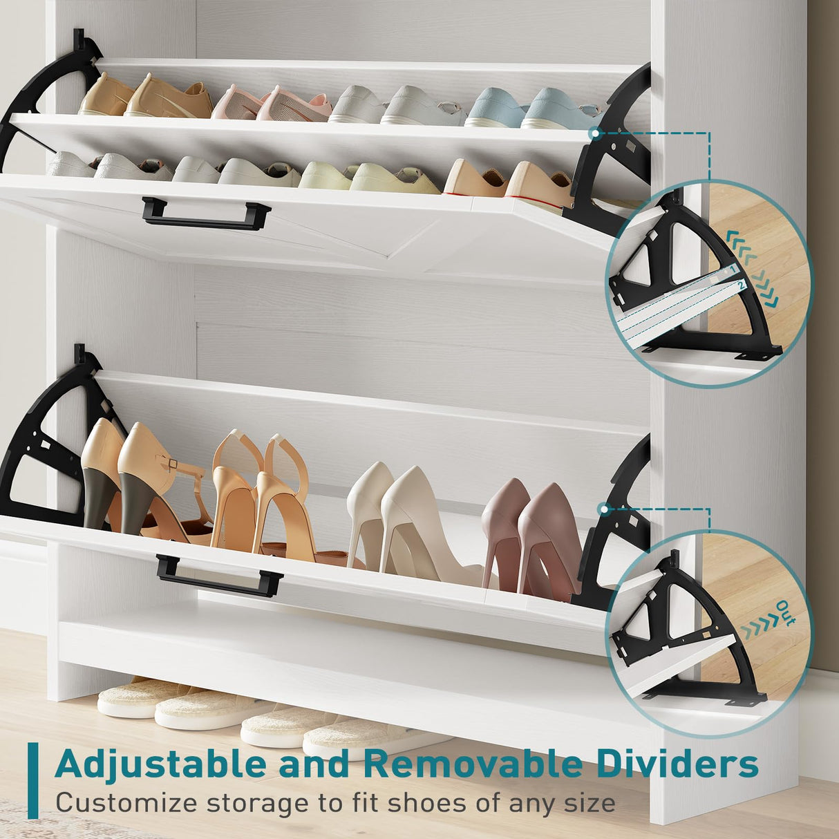 Farmhouse Shoe Cabinet with Coat Rack, Tall Shoe Cabinet with 2 Flip Drawers, Narrow Hidden Shoe Storage Cabinet, 2 in 1 Hall Tree Slim Freestanding Shoe Rack Organizer for Entryway, LED Light, White RALGEND