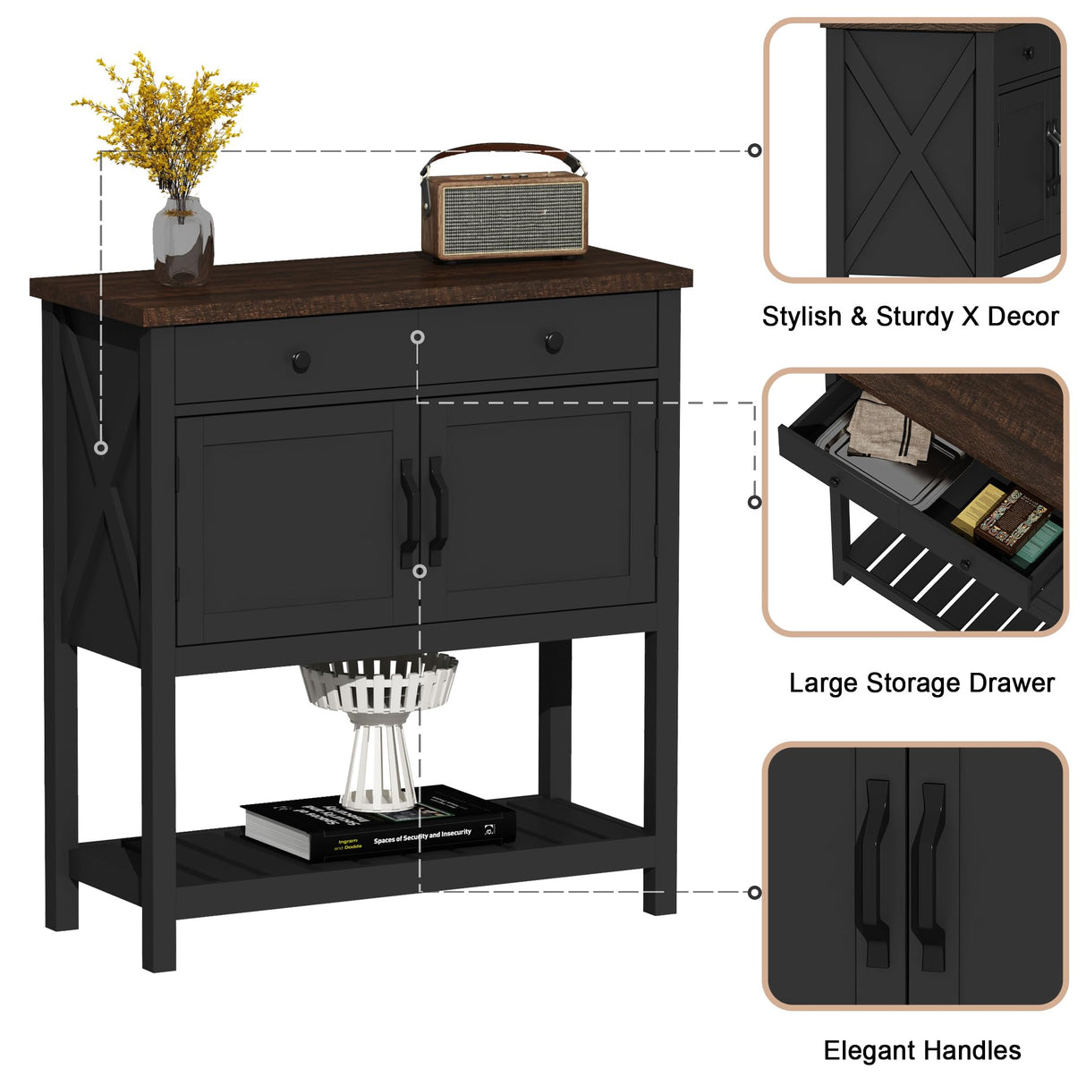 ChooChoo Farmhouse Console Table, Entryway Table with Storage Shelf, Coffee Bar Cabinet, Narrow Buffet Sideboard for Kitchen, Hallway, Living Room, Black ChooChoo