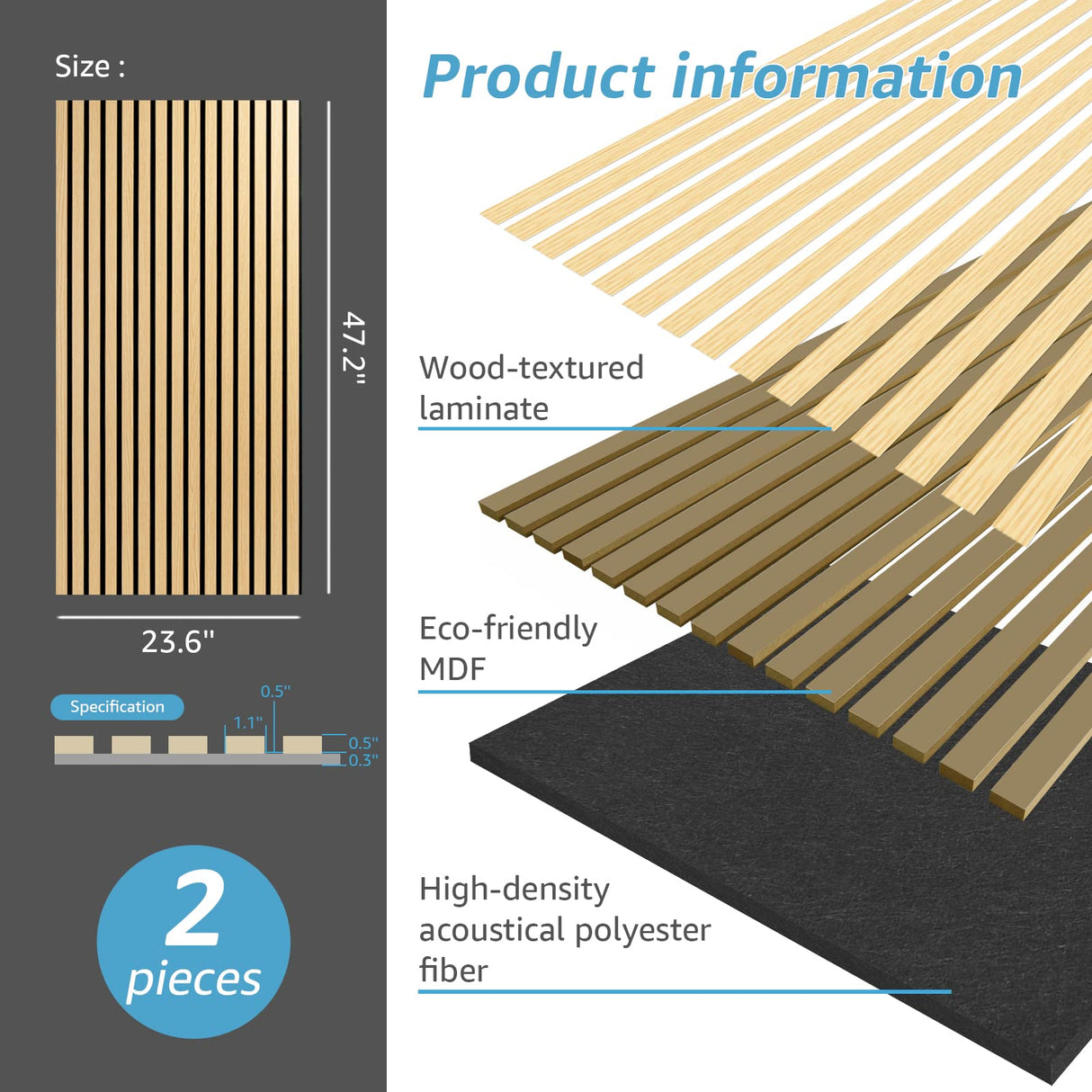 Art3d 2 Wood Slat Acoustic Panels for Wall and Ceiling - 3D Fluted Sound Absorbing Panel with Wood Finish - Oak Art3d