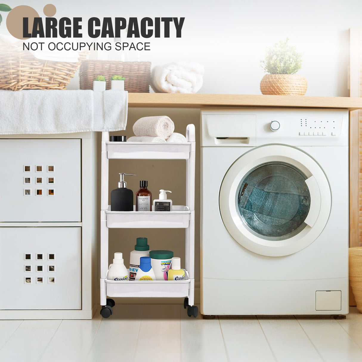 3 Tier Utility Rolling Cart with Handle, Multifunctional Storage Organizer Rolling Carts with Wheels for Bathroom Office Living Room (White) QPEY