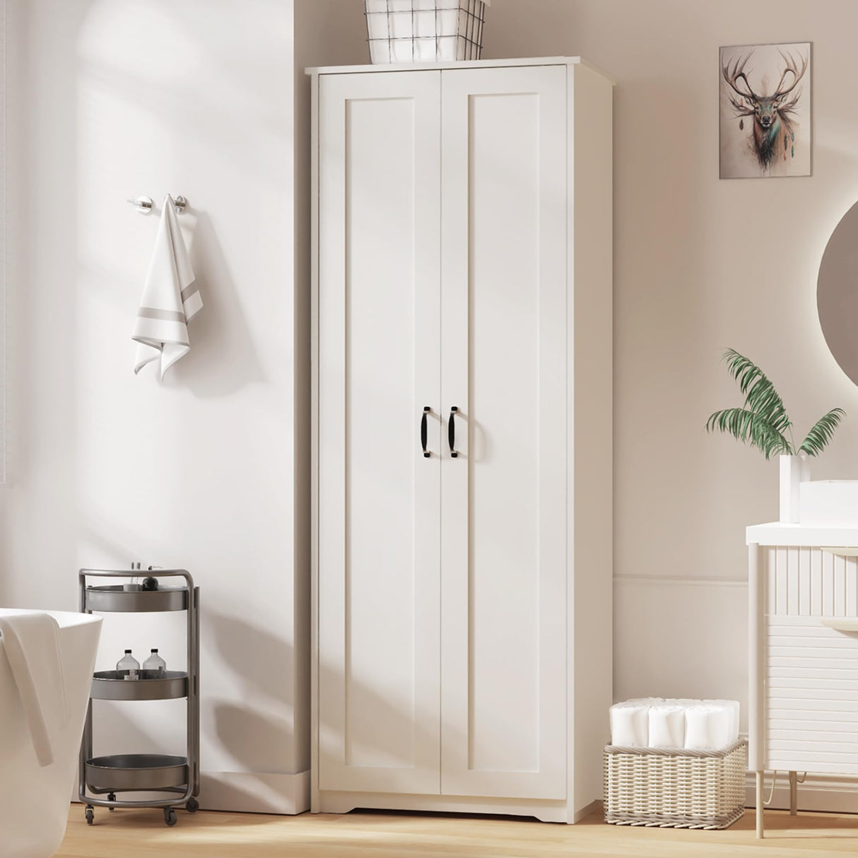 Teekyooly 70" Tall Storage Pantry Cabinet, Bathroom Floor Organizer Storage Cabinet with 2 Doors and 6 Adjustable Shelves, Standing Utility Cabinet for Dining Room, Food Storage and Kitchen, White Teekyooly