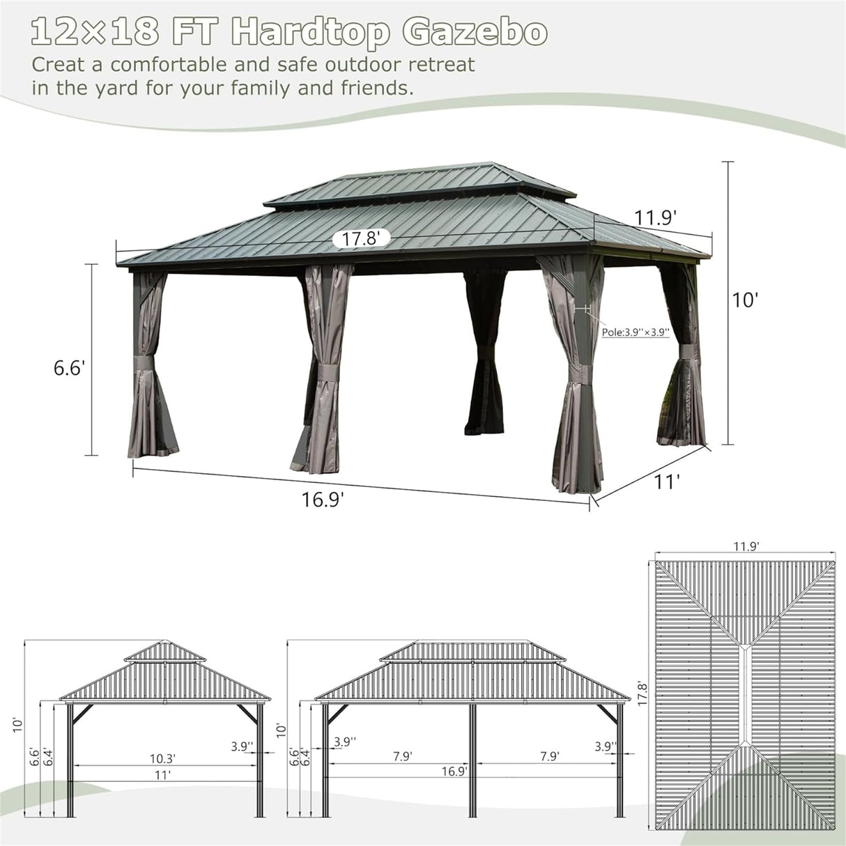 12' X 18' Hardtop Gazebo, Aluminum Metal Gazebo with Galvanized Steel Double Roof Canopy, Curtain and Netting, Permanent Gazebo Pavilion for Patio, Backyard, Deck, Lawn GOWE