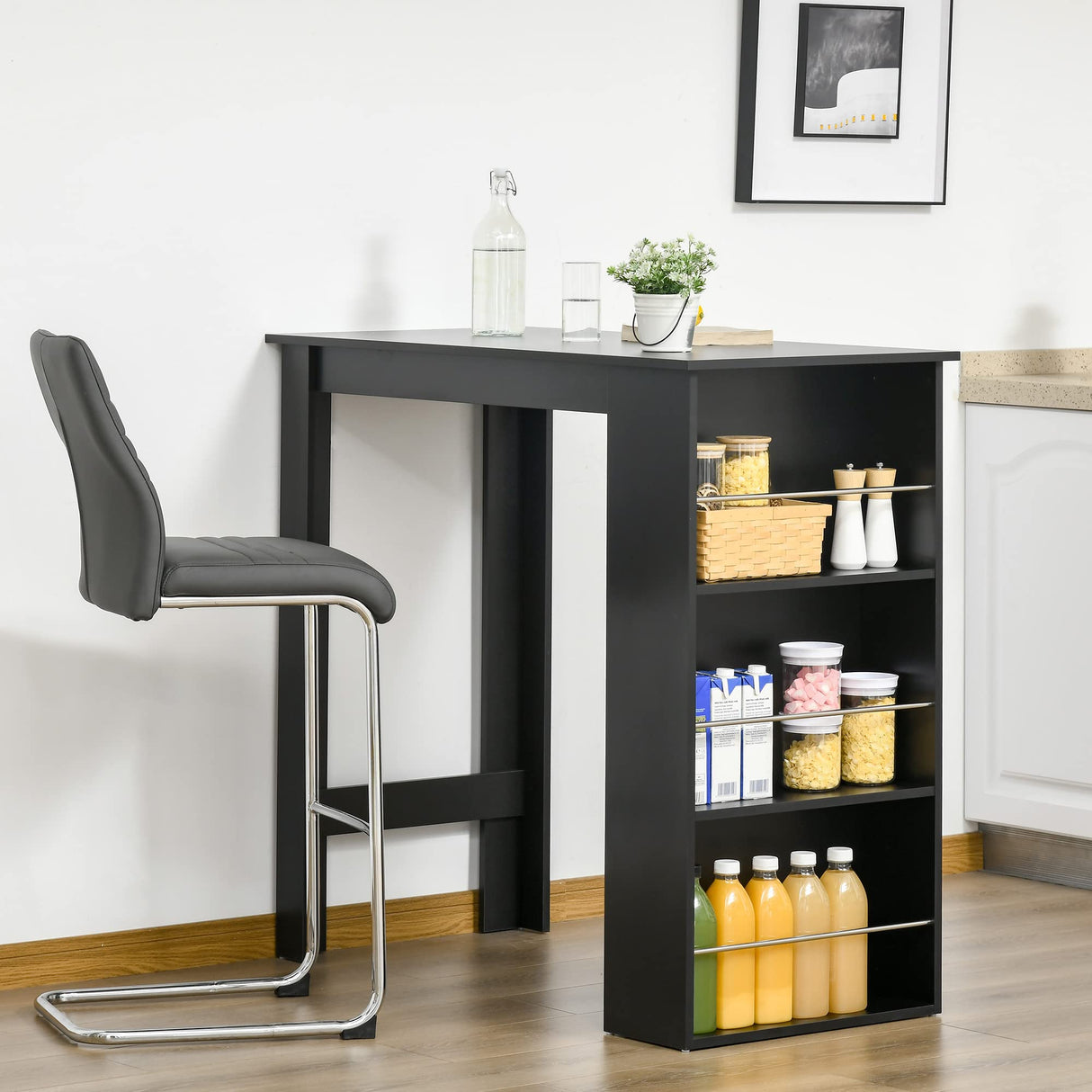 HOMCOM Stylish Black Bar Table with 3-Tier Storage Shelves for Kitchen and Dining Spaces HOMCOM