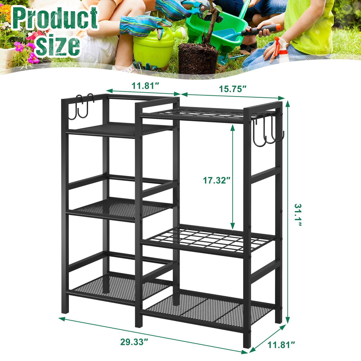 keomaisyto Garden Tool Organizer for Garage Organization, 3 Tier Yard Tool Storage Rack with 35 Long-Handled Tool Slots, Heavy Duty Garden Tool Holder with Large Hooks for Shed, Yard, Garage keomaisyto