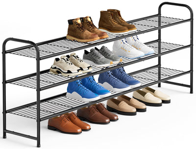 KEETDY 3-Tier Long Shoe Rack for Closet Metal Shoe Organizer for Entryway, Wide Stackable Shoe Storage Shelf with Sturdy Wire Grid for Closet Floor, Bedroom, Black