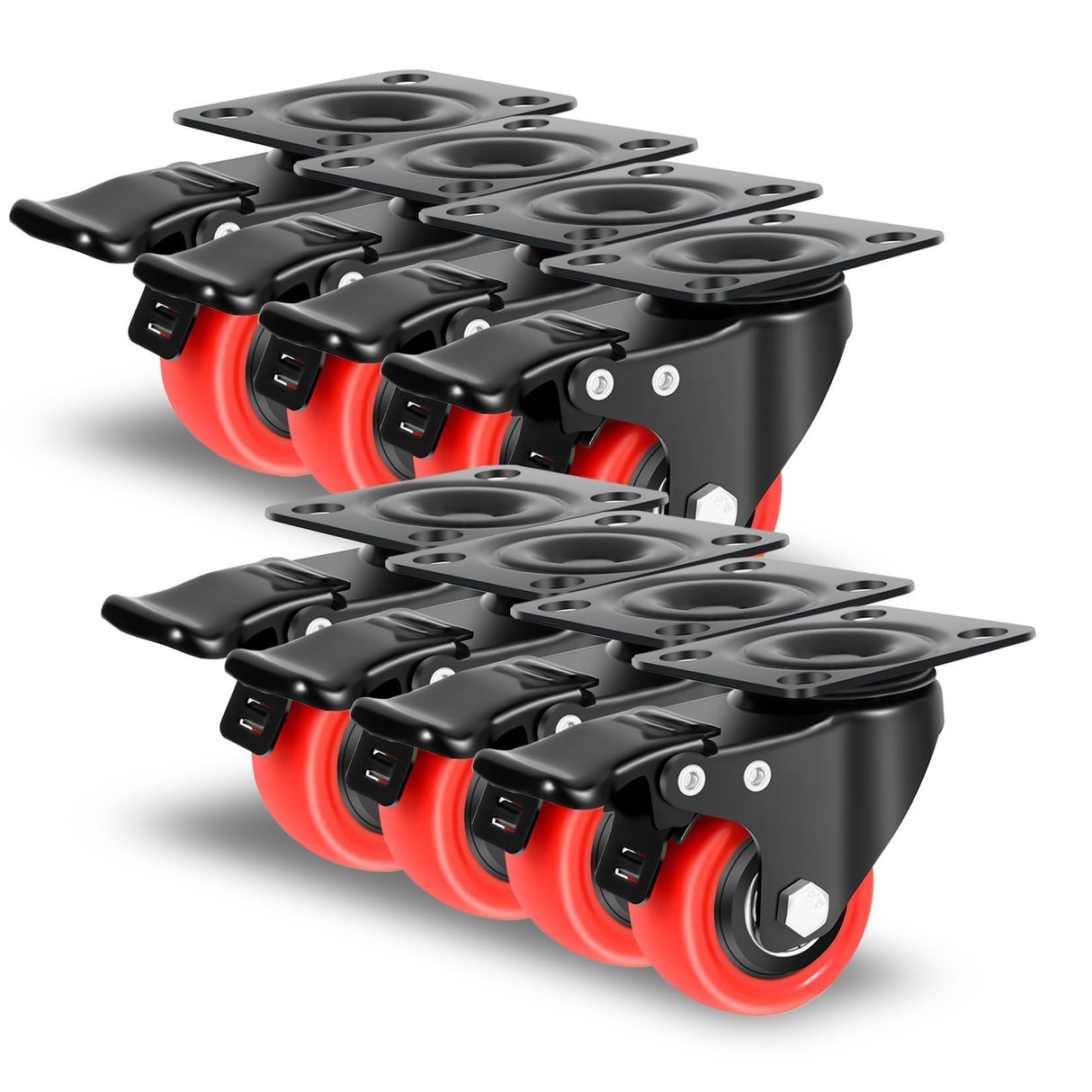 Nefish 2 Inch Casters Wheels (8 Pack), Heavy Duty Top Plate Caster Wheels with Brake 1200 Lbs, 360 Degree Durable Locking Furniture Swivel Castors, No Noise Polyurethane Wheels for Cabinet, Furniture Nefish