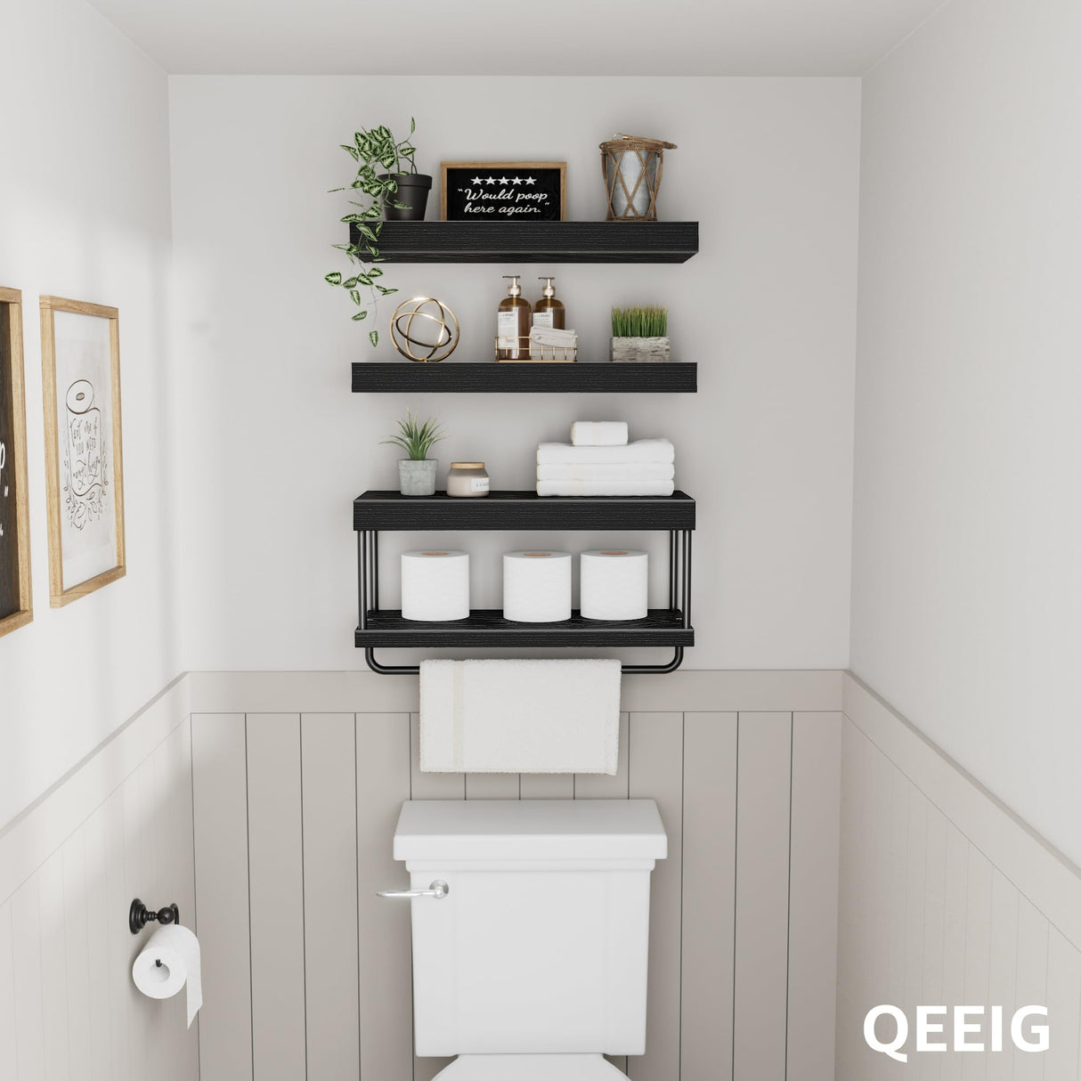 QEEIG Bathroom Floating Shelves Over Toilet - Wall Mounted Shelf Toilet Paper Storage Farmhouse 16 inch Set of 3, Black (027-40B3) QEEIG