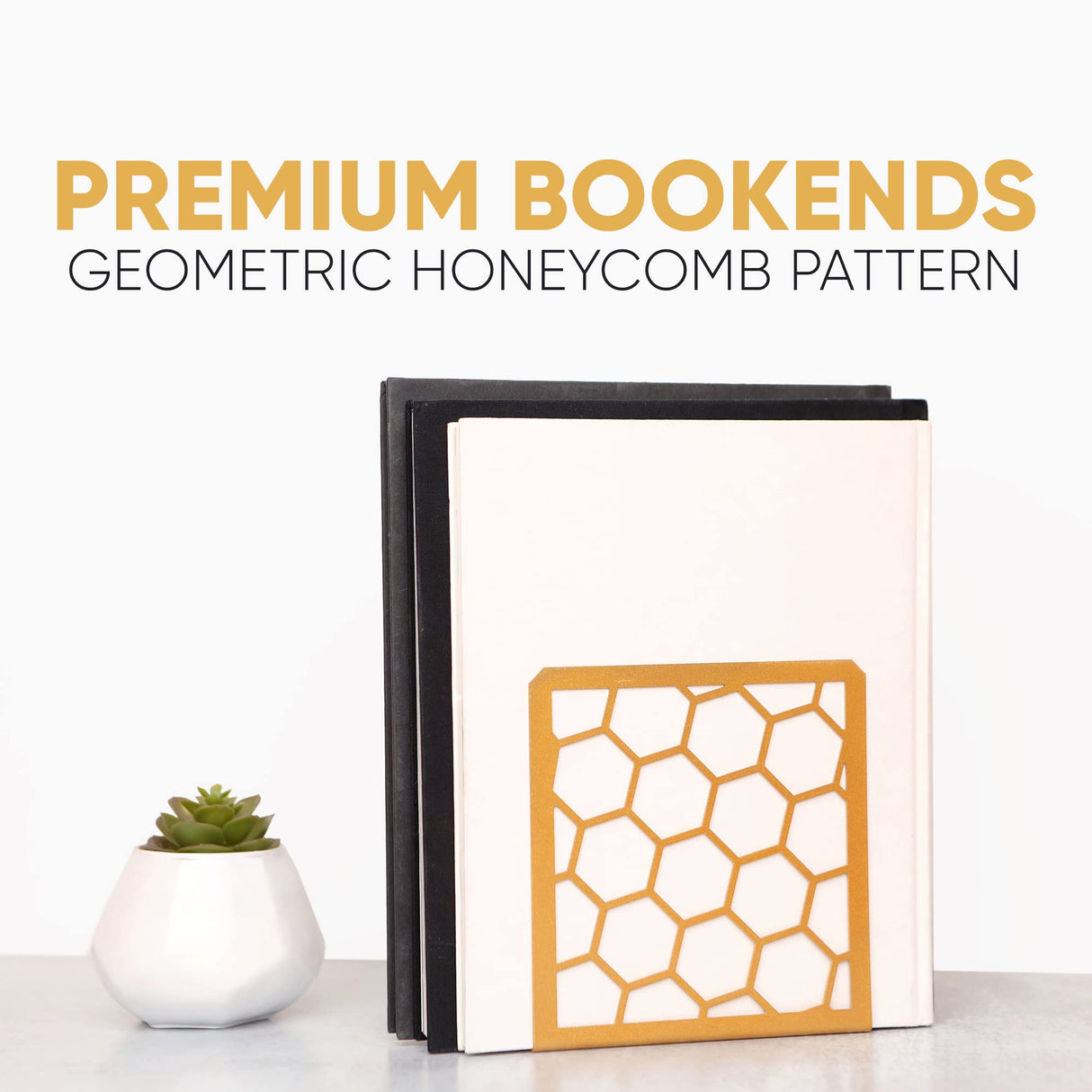 Premium Geometric Gold Honeycomb Bookends for Shelves, Metal Book Ends for Office, L-Shaped Book Stopper, Rustproof Bookends Decorative Unique for Home, 6.25 (L) x 6 (W) inches, 1 Pair - Geomod GEOMOD