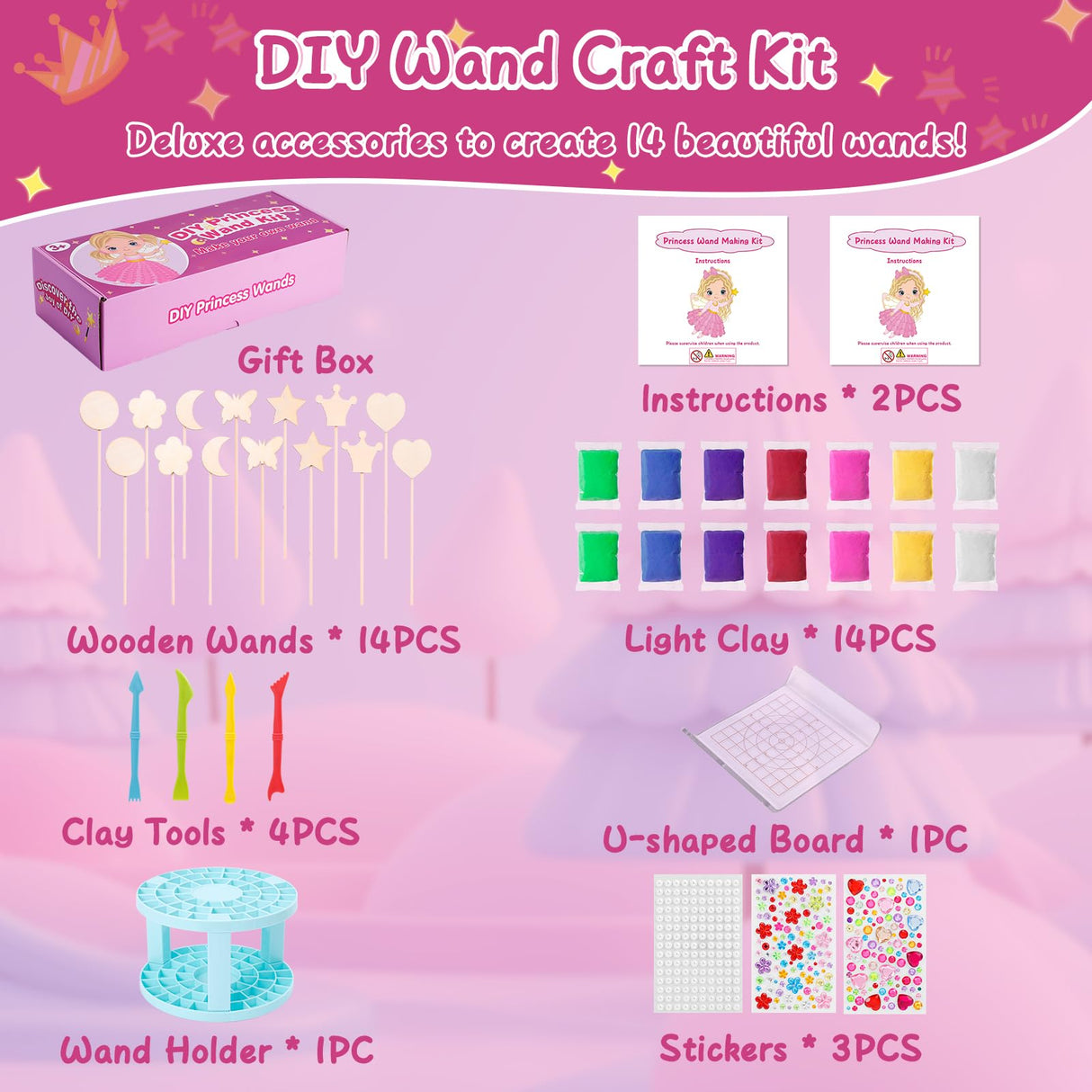 Make Your Own Princess Magic Wand Kit - DIY Fairy Craft Set for Kids Girls - Birthday Party Gift, 39 PCS to Create 14 Wands WizWonders