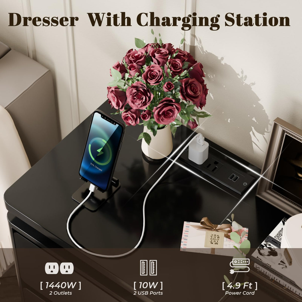 9 Drawer Dresser for Bedroom, 63" Long Black Chest of Drawers with Charging Station & LED Lights, Curved Anti-Collision Design,Wooden Closet Storage Cabinet,Modern Dresser TV Stand with Deep Drawers Gyfimoie