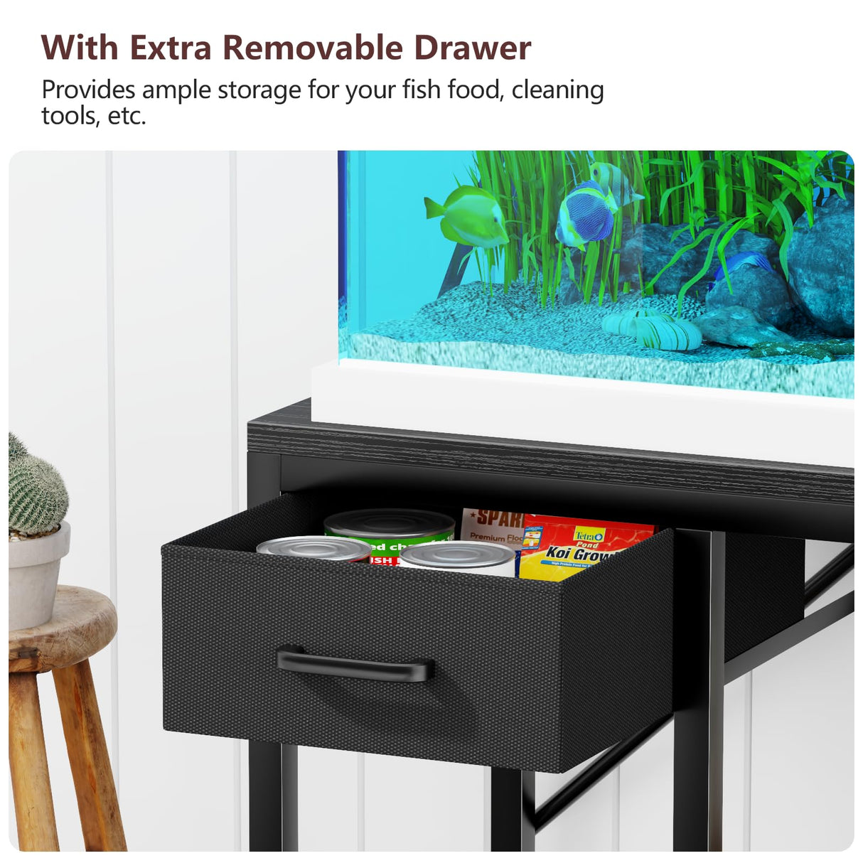Korfile Large Aquarium Stand with Power Outlet, Tall 4 Tiers Fish Tank Stand with Storage Drawer, 400LBS Capacity Terrarium Stand with 4 Wheels, Reptile Tank for Accessories Storage, Black Korfile