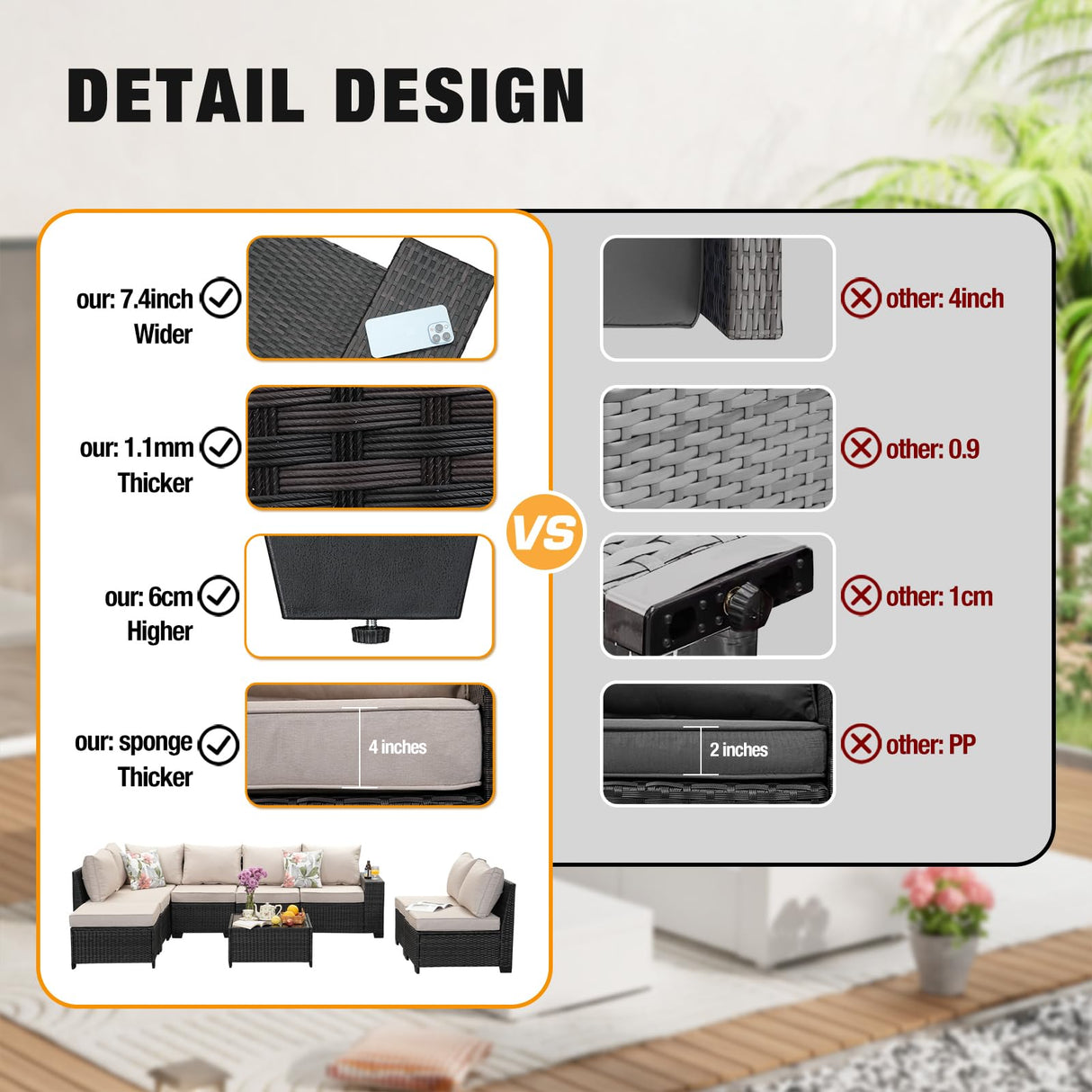 JOYURE 9 Pieces Patio Furniture Set All-Weather Outdoor Wicker Sectional Conversation Sofa Rattan Patio Seating Sofa with Cushion and Glass Table and Ottoman for Porch Poolside,Beige JOYURE