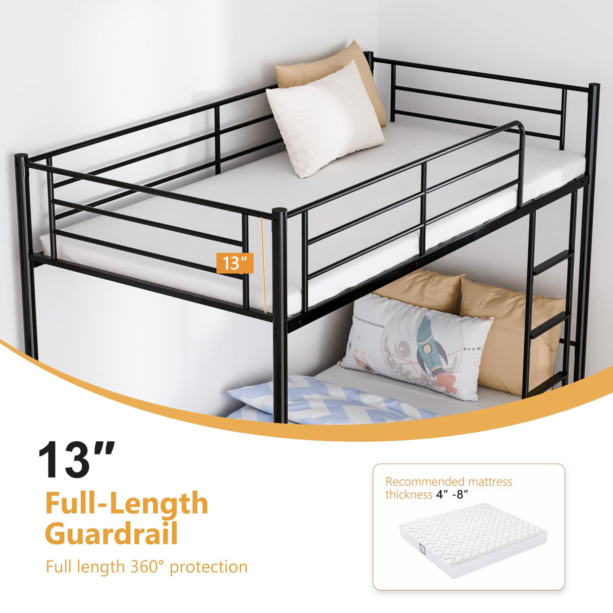 Bonnlo Bunk Bed Twin Over Twin with 13 inches Tall Guardrail, Metal Twin Bunk Bed with Flat Rungs Design,No Boxing Spring Needed, Black Bonnlo