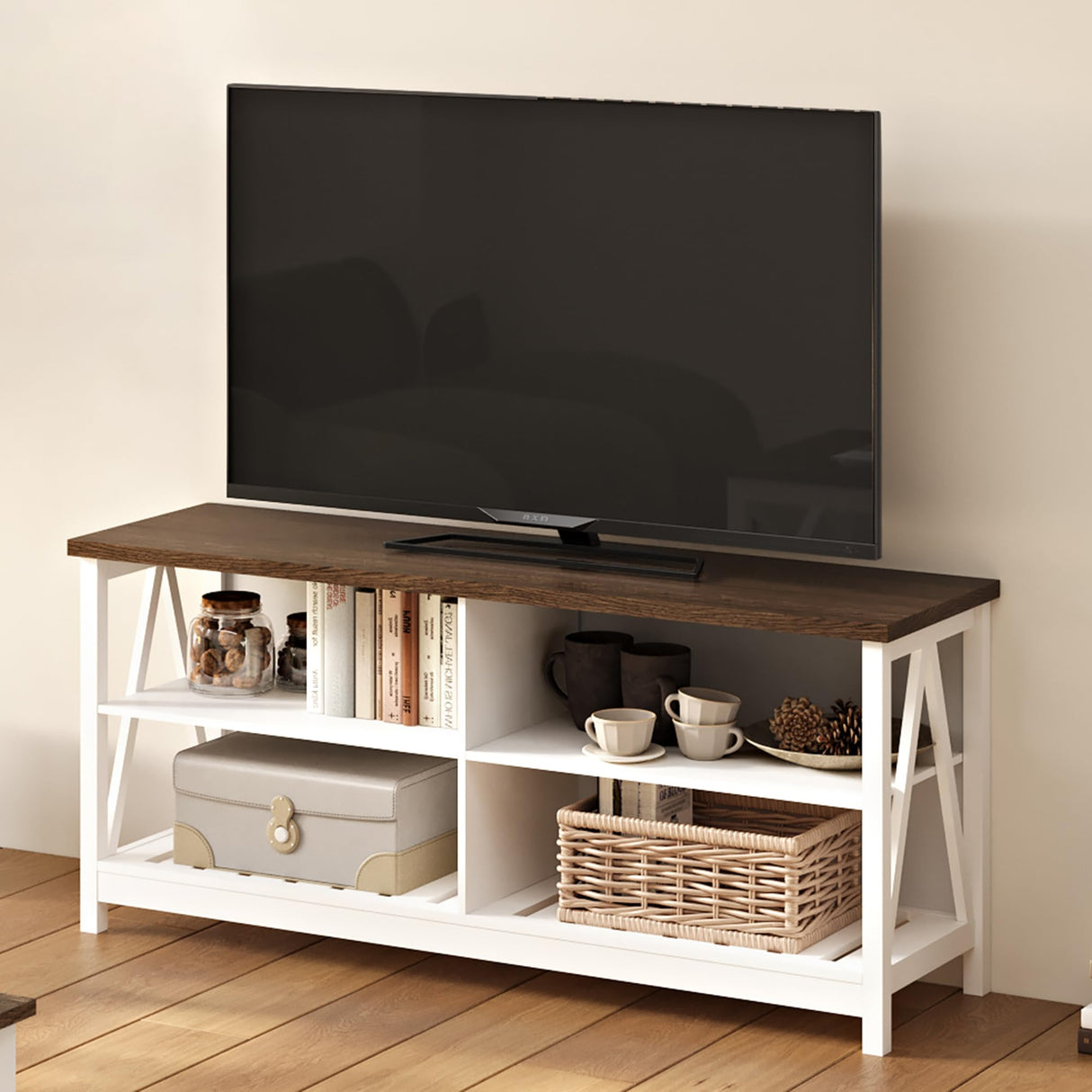 ChooChoo Farmhouse TV Stand for TVs up to 60 Inch, Modern Entertainment Center with 4 Open Shelves & Built-in Cable Holes, Media TV Console for Living Room, Bedroom, White ChooChoo