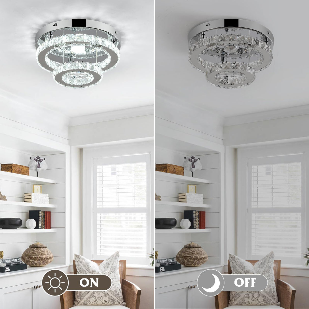 RHEAFON 9.8 Inch Mini Chandelier Light Fixture Round LED Crystal Ceiling Light Flush Mount Crystal Chandeliers for Bedroom Kitchen Foyer Closet Hallway Light, 6500K Cool White RHEAFON