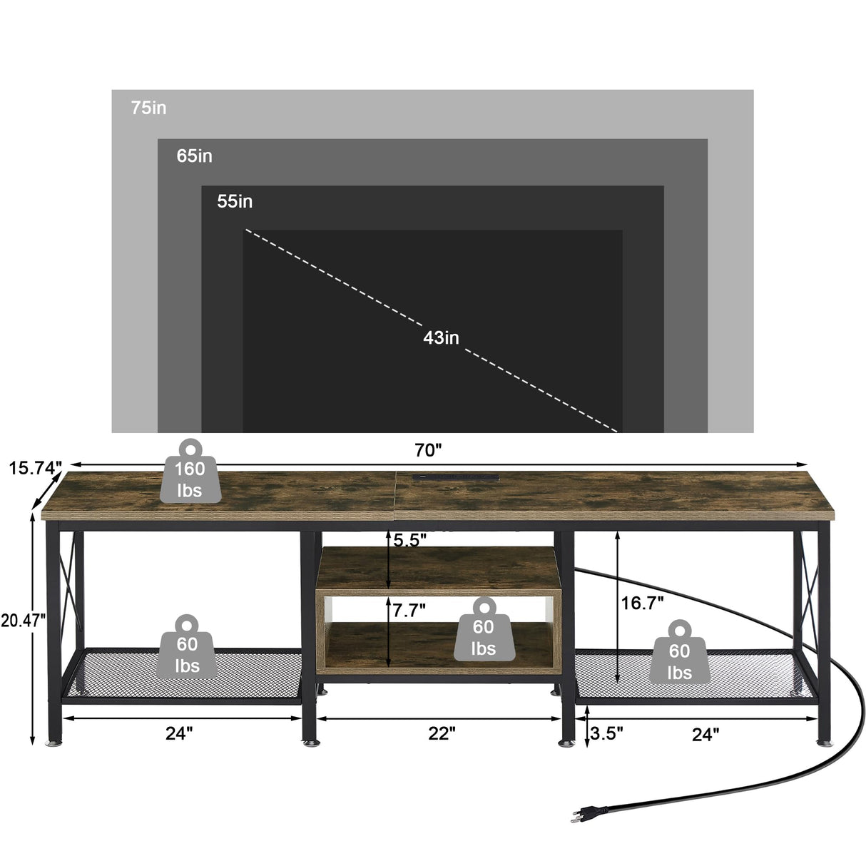 VECELO TV Stand with Power Outlets for 75 Inch Industria Media Entertainment Center with Charging Station, 3-Tier Open Shelves & Metal Frame for Living Room, Bedroom, 70 Inch, Brown VECELO