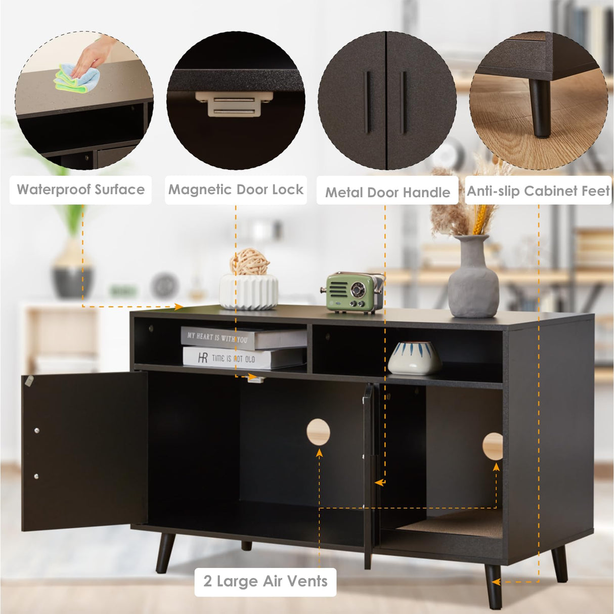 YDTOP Cat Litter Box Enclosure, Hidden Litter Box Furniture with Cat Scratch Pad, Wooden Pet House Side End Table, Storage Cabinet Bench for Living Room, Bedroom, Washroom - Black YDTOP