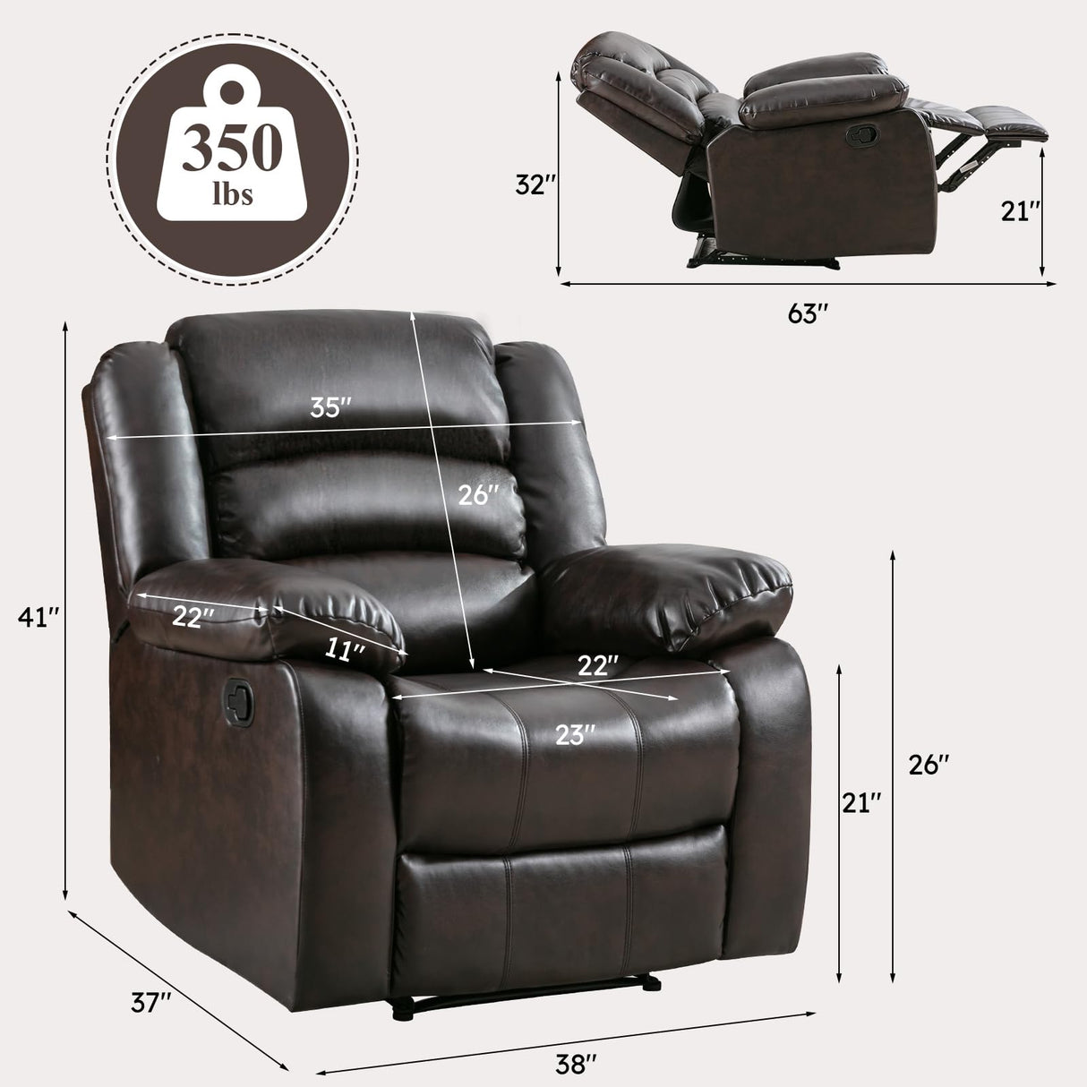 ANJ Manual Recliner Chair, Breathable Faux Leather Reclining Chairs with Overstuffed Arm and Back, Living Room Single Sofa Recliners (Dark Brown) ANJ