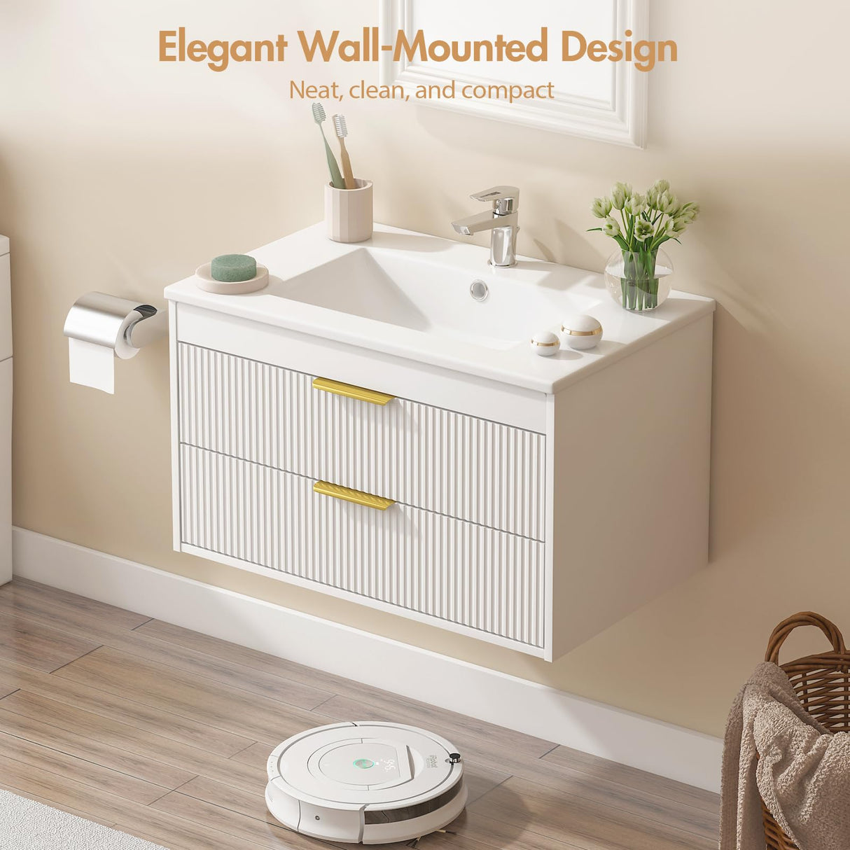 30" Bathroom Vanity Cabinet with Ceramic Sink, Wall-Mounted Floating Vanity, Integrated Sink, 2 Large Storage Drawers, with Sensor LED Light, Metal Handles, for Small Bathroom, Home, Spa, Hotel, White Kikihouse