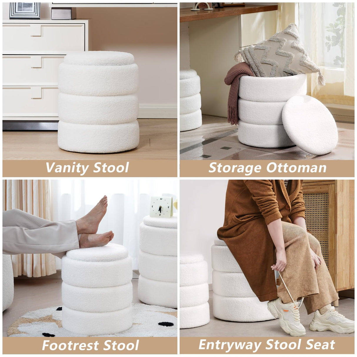 oakvivo Round Ottoman with Storage Set of 2, Soft Teddy Velvet Upholstered Foot Stool Vanity Chairs, Support 330lbs Padded Seat Multifunctional Ottomans Footrest, Foot Rest for Living Room, White oakvivo