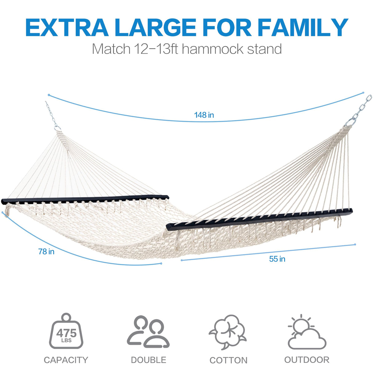 PNAEUT Double Hammocks for Outside, 13ft Traditional Rope Hammock for 2 Person with Hardwood Spreader Bar and Carrying Bag, 475 lbs Capacity (Beige) PNAEUT