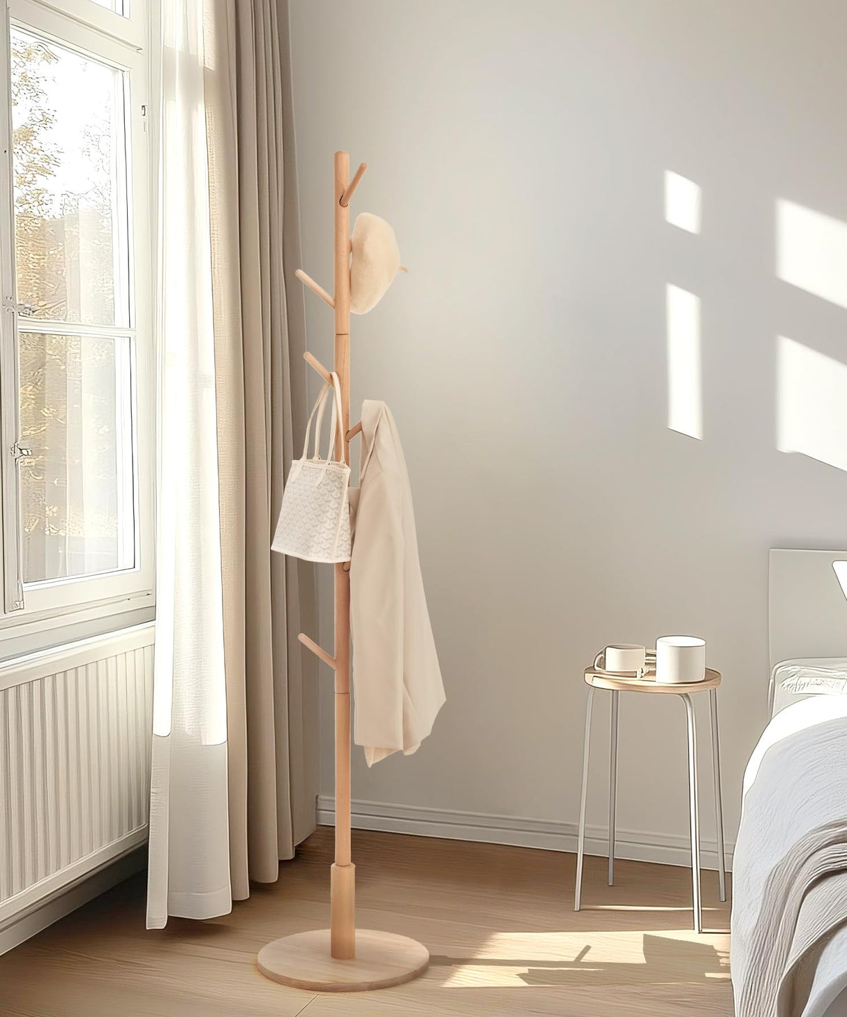 Cozivolife Solid Wood Coat Rack Stand with 9 Hooks, 3 Height Adjustable, Freestanding Coat Tree Hanger for Clothes, Hats, Scarves, bags, Bedroom, Office, Entryway Cozivolife