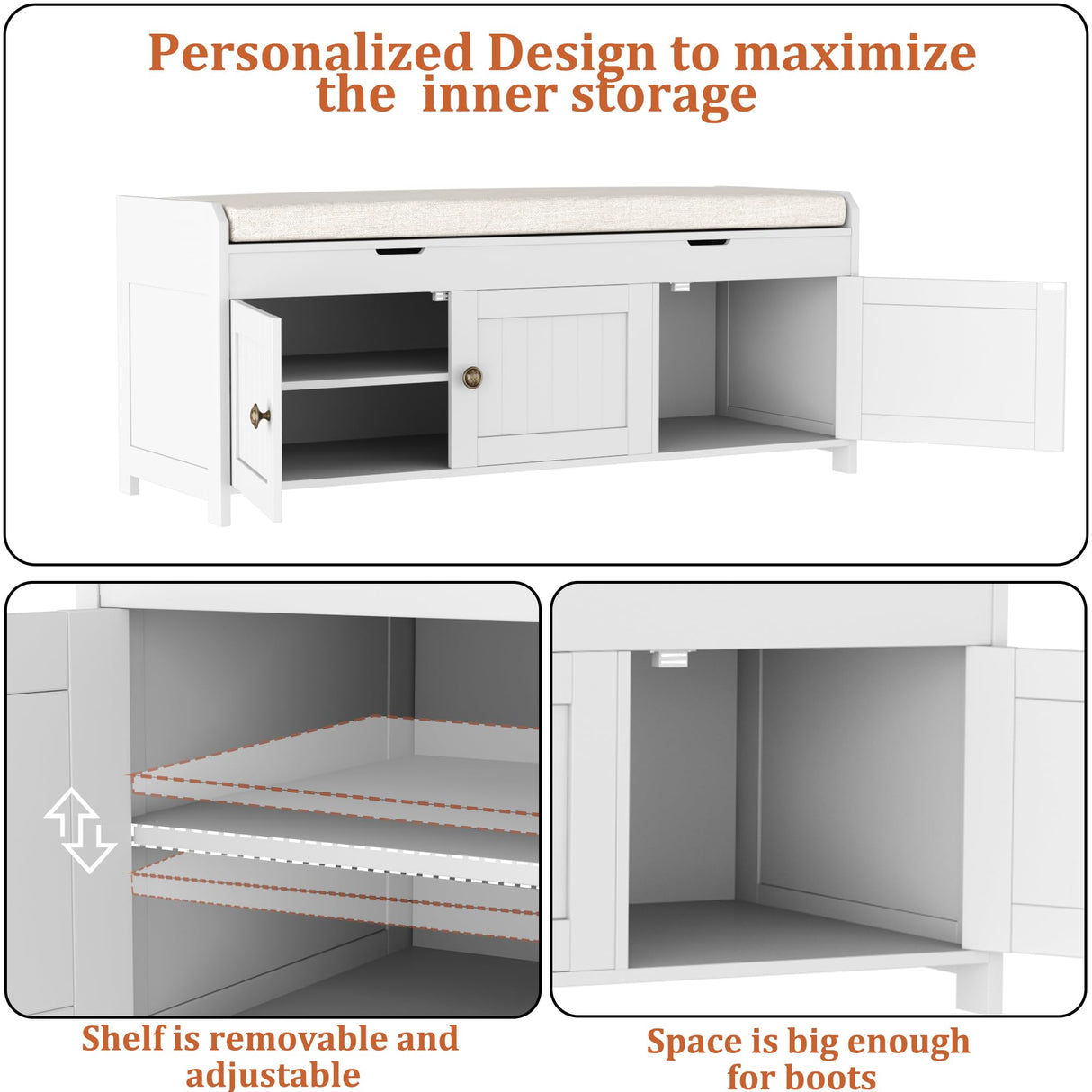 HOMEFORT 41.3" Shoe Bench with Lift Top Storage, Entryway Storage Bench with Cushioned Seat, Wooden End of Bed Bench, Shoe Cabinet Bench with Hidden Storage Space, for Bedroom, Hallway,White HOMEFORT