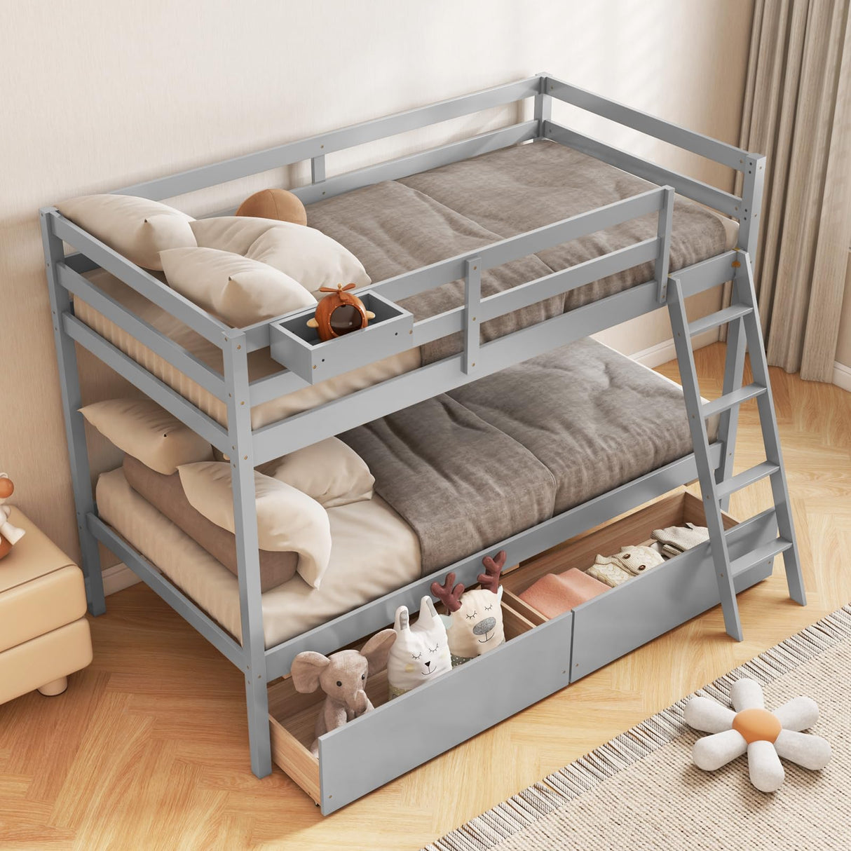 KOTEK Twin Over Twin Bunk Bed with Storage Drawers and Guardrails in Grey KOTEK