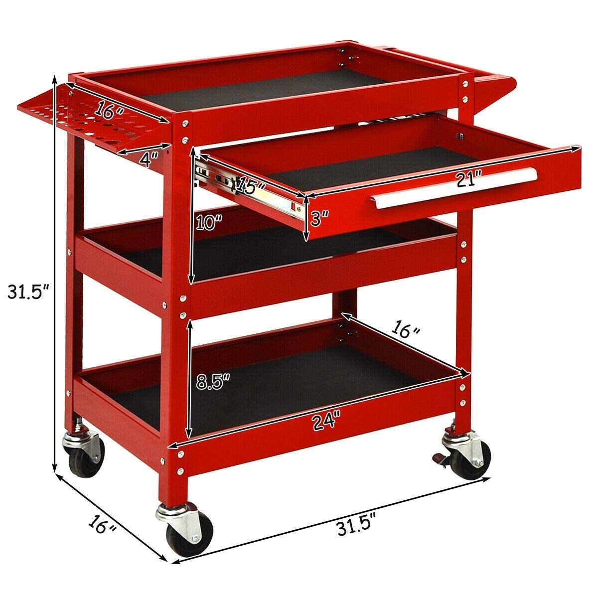 ERGOMASTER 3 Tier Rolling Tool Cart Heavy Duty Metal Frame for Garage Industrial Service Cart with Drawer & Organizer Shelf Tool Cabinet Chest ERGOMASTER