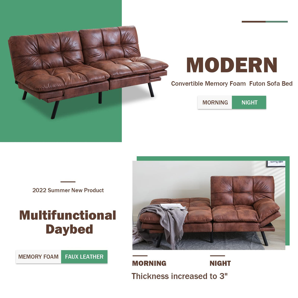 Opoiar Futon Sofa Bed,Lounge Memory Foam Sleeper Couch Room,Convertible Loveseat for Compact Living Spaces Studio Apartment,Dorm,Home Office,Thicker Version Sofabed, 71×33×31.5IN, Brown Opoiar